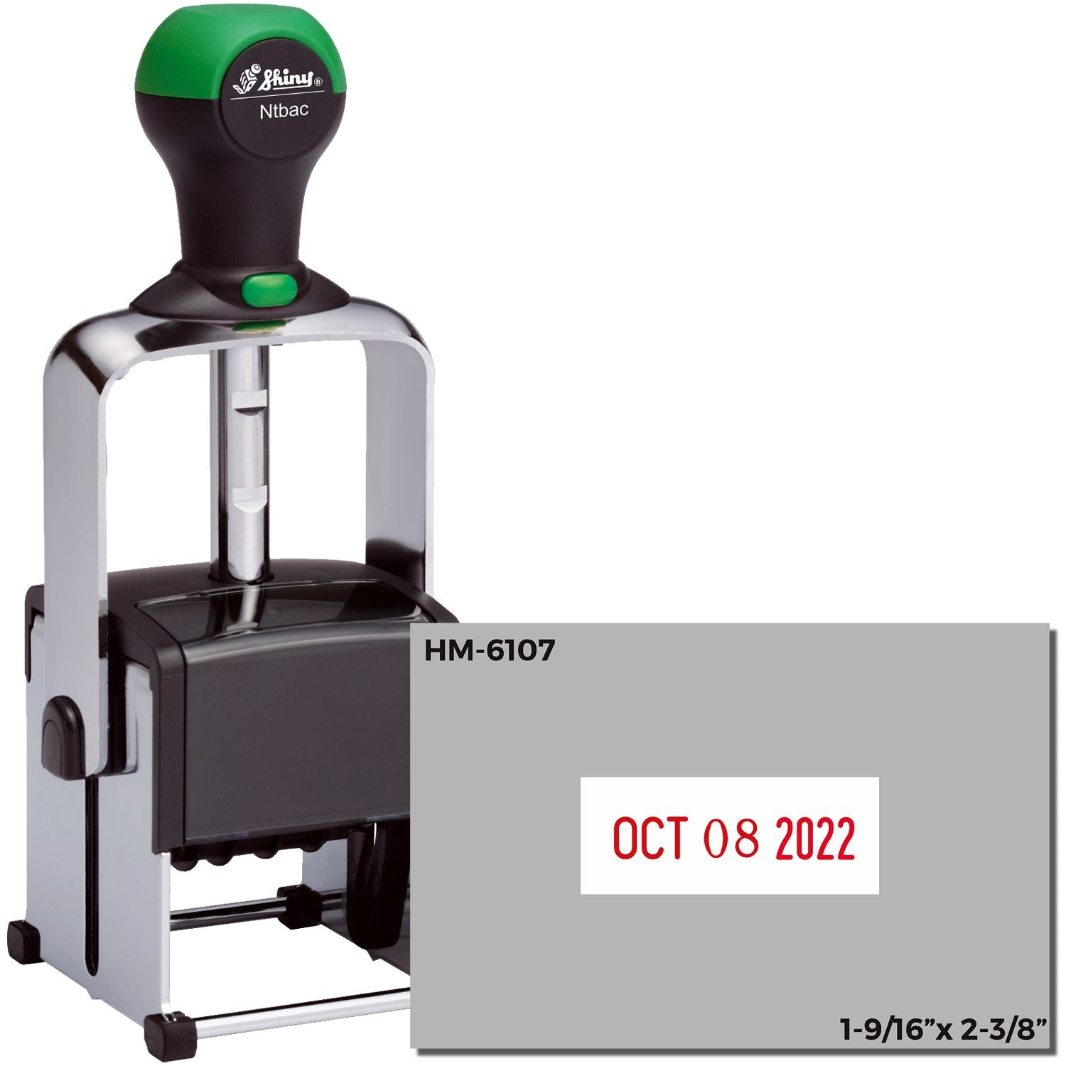 Shiny HM-6107 self-inking date stamp with adjustable date, 1-9/16 x 2-3/8 inch, black and green handle.