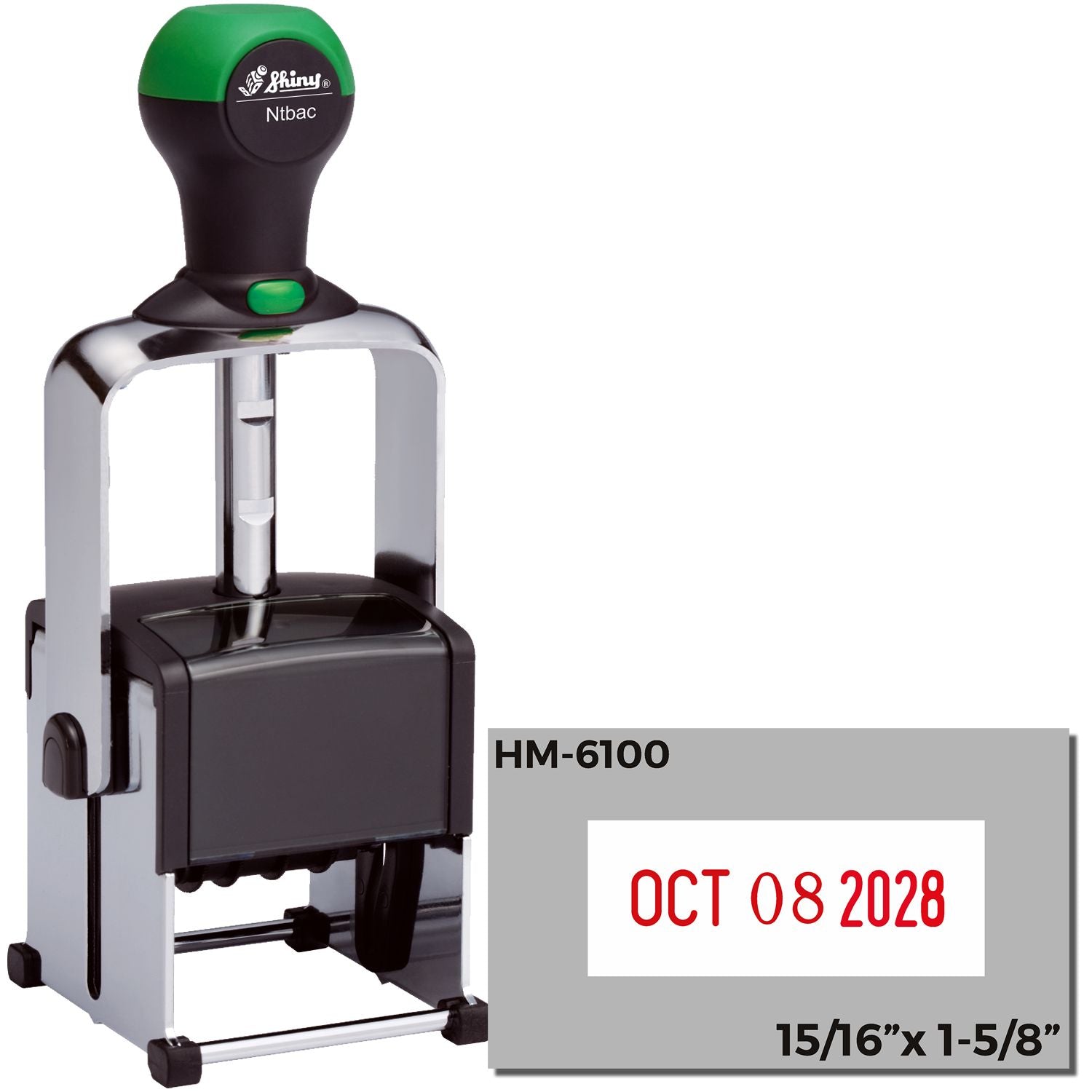 Shiny HM-6100 self-inking date stamp with red Oct 08 2028 imprint, 15/16" x 1-5/8" size