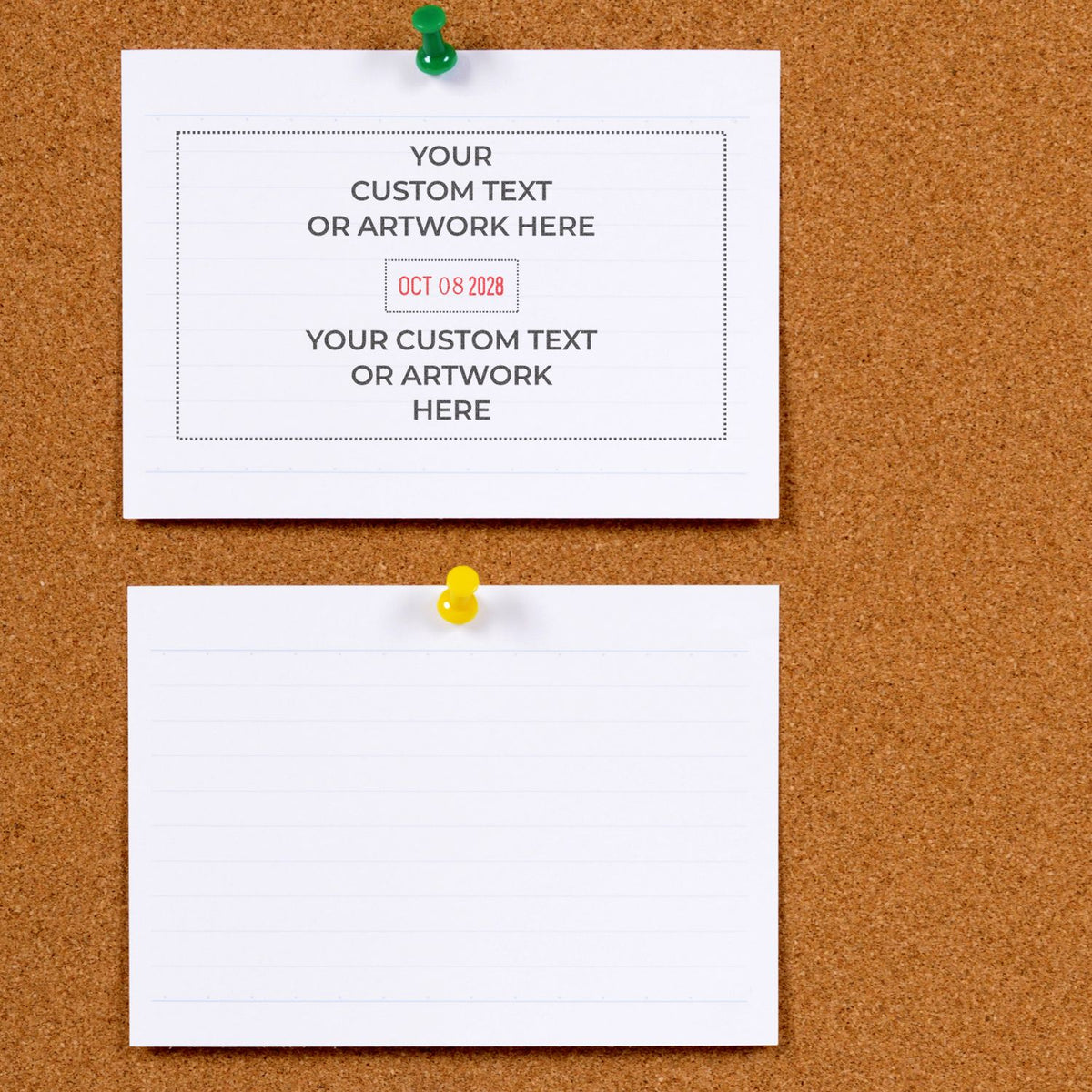 Two blank note cards pinned on a cork board, one with custom text and date placeholder for editable template design.