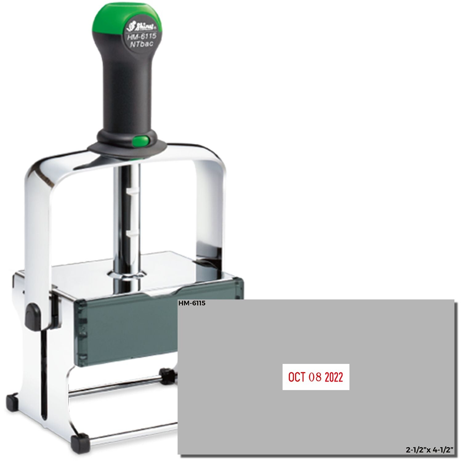 HM-6115 self-inking date stamp with rectangular 2-1/2 x 4-1/2 inch imprint area and OCT 08 2022 date text