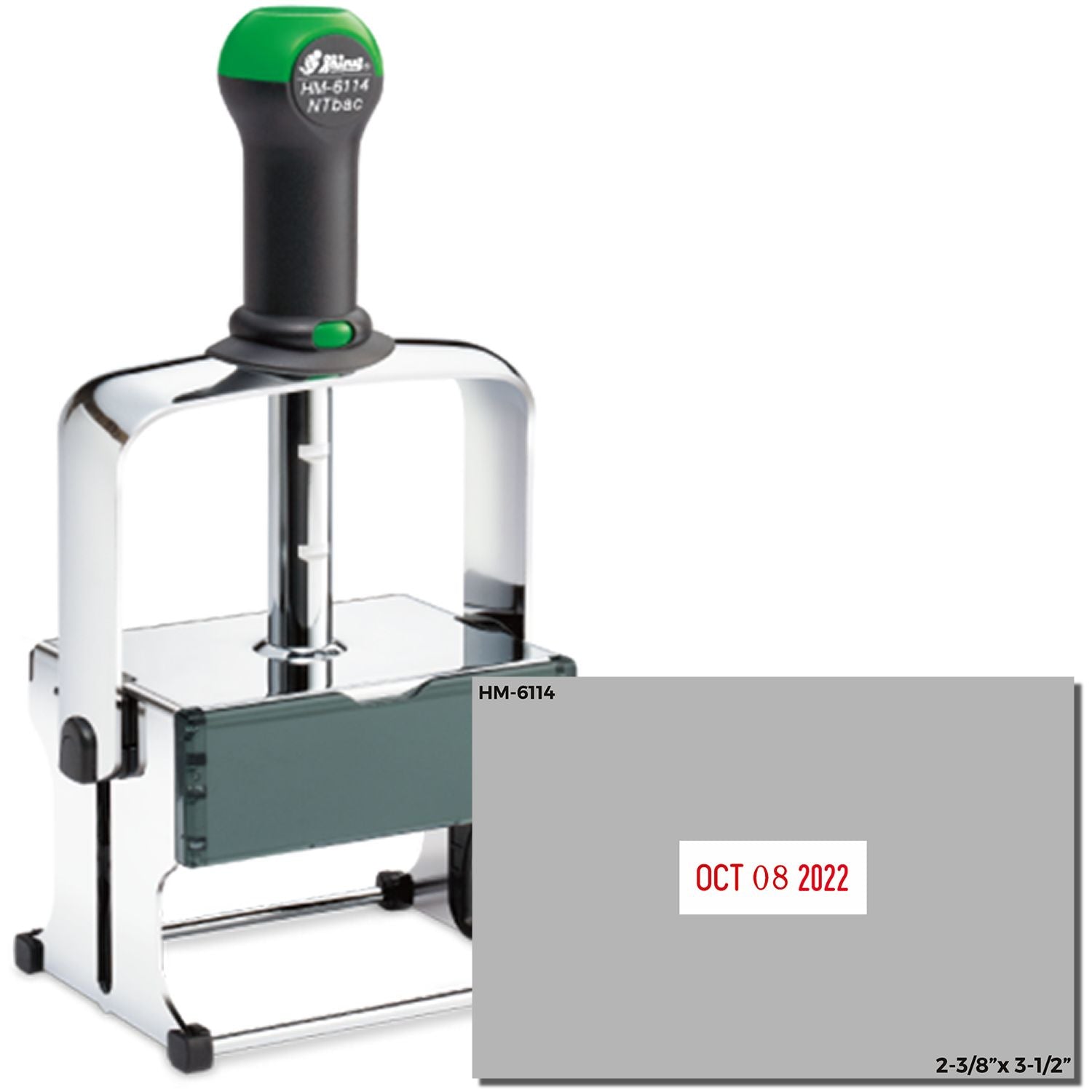 HM-6114 self-inking date stamp with customizable text, showing October 08, 2022, 2-3/8 x 3-1/2 inch imprint size.