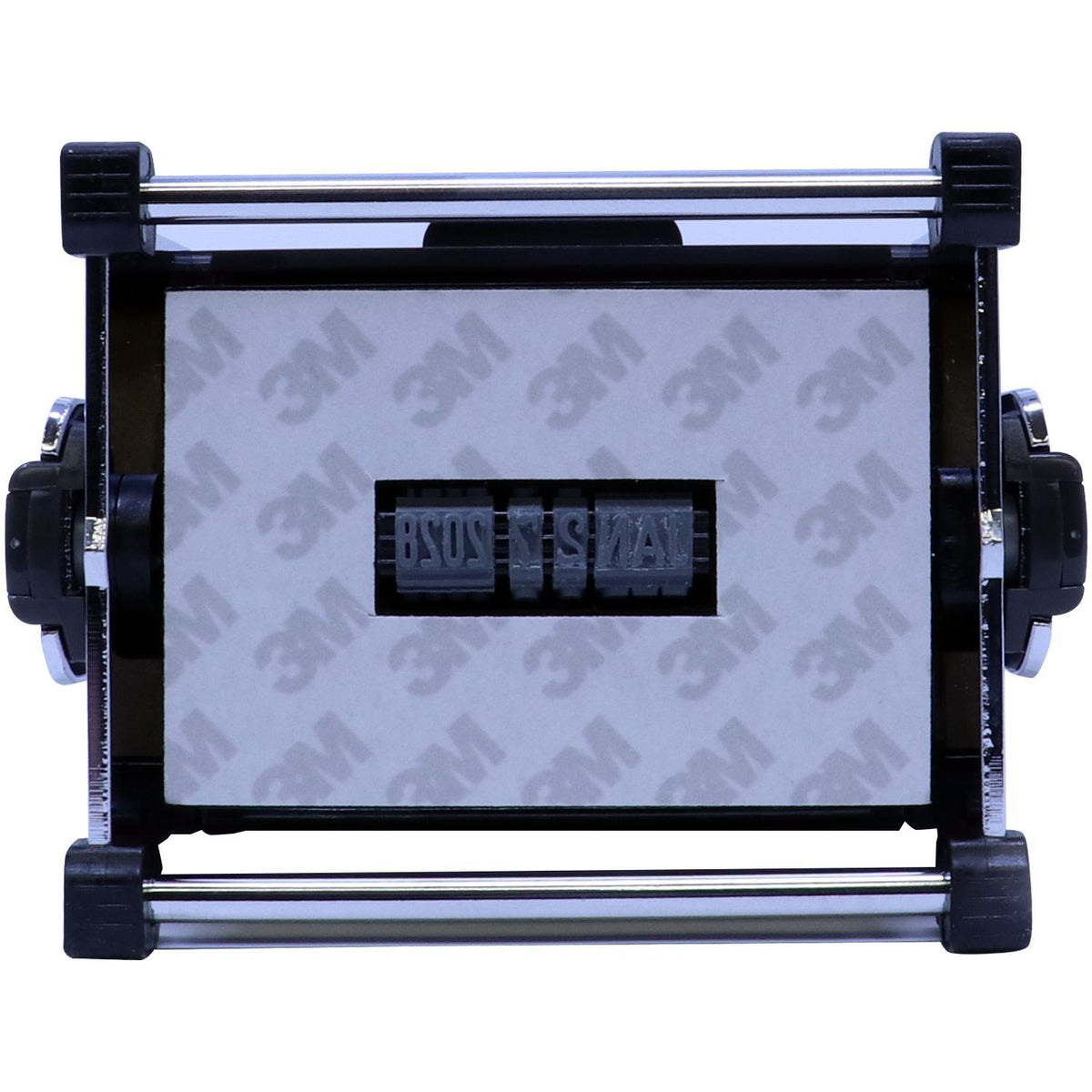 Manual date coding stamp with adjustable number wheels and black metal frame on white background