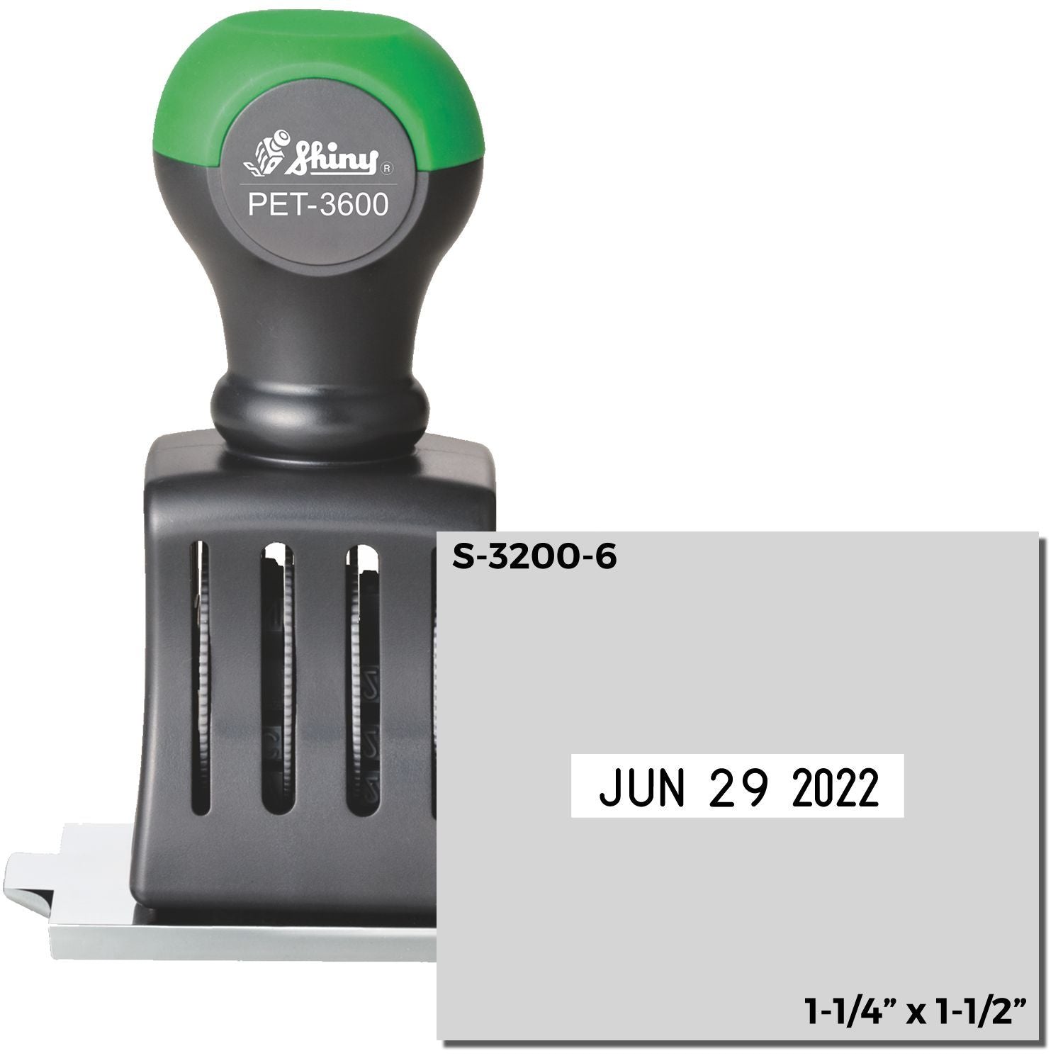 Shiny PET-3600 self-inking date stamp with June 29, 2022 imprint, 1-1/4 x 1-1/2 inch size