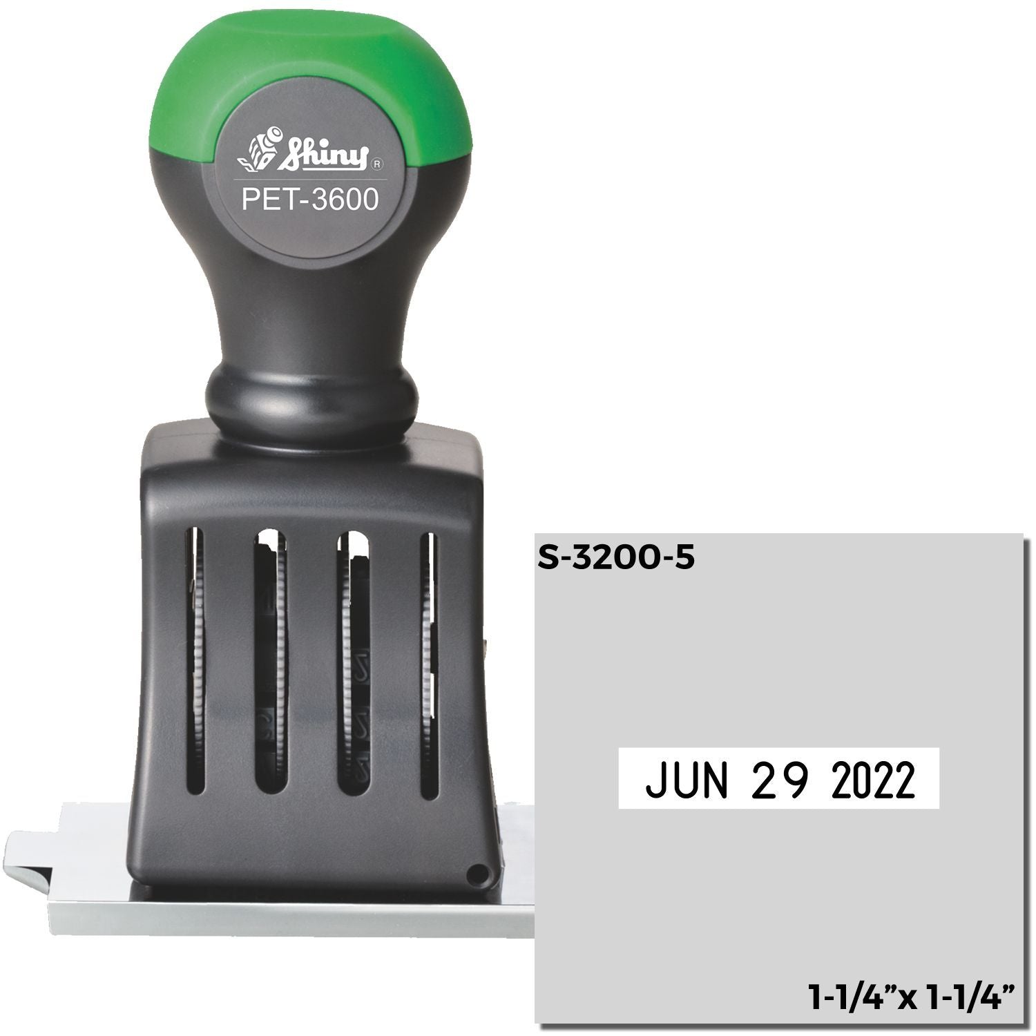 Shiny PET-3600 self-inking date stamp, model S-3200-5, with June 29, 2022 imprint and 1-1/4 x 1-1/4 inch size.