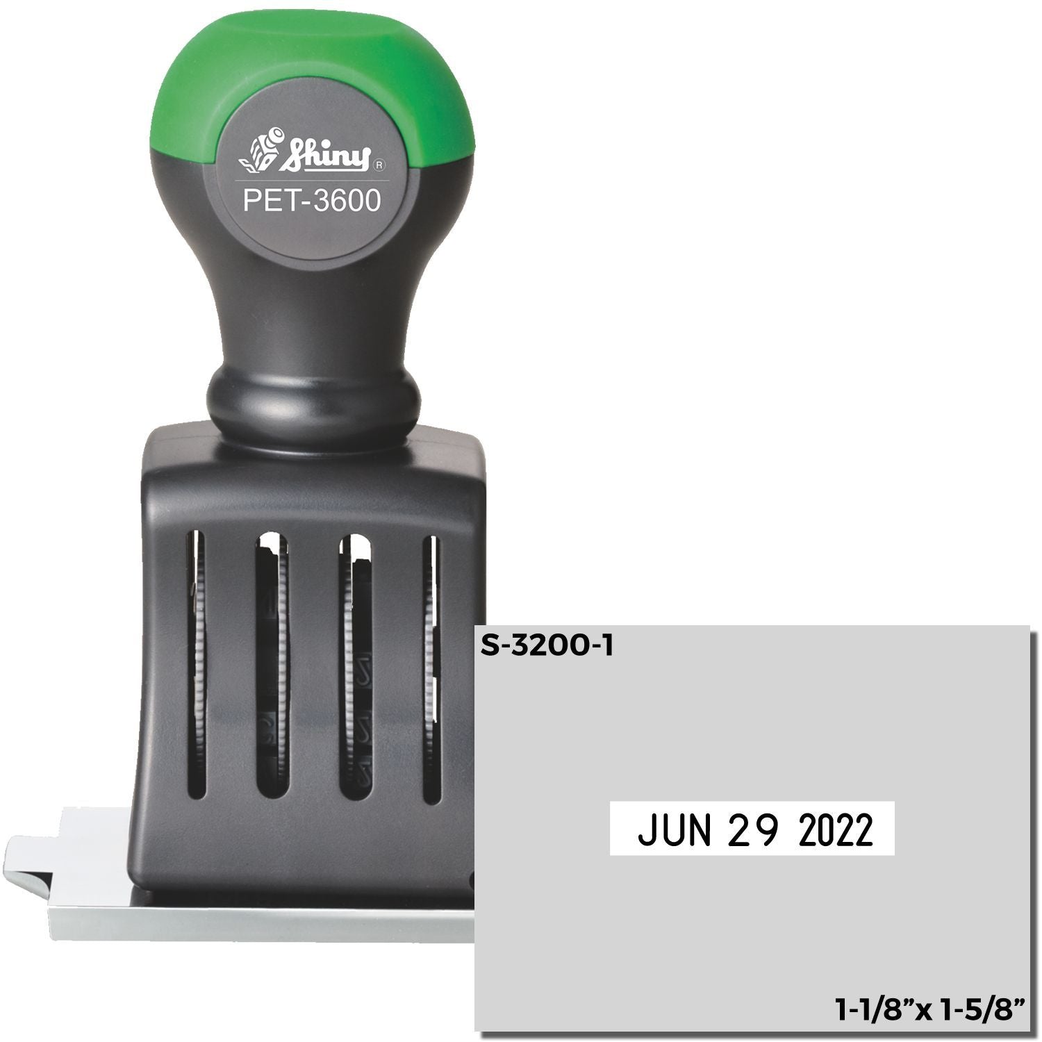 Shiny PET-3600 self-inking date stamp with S-3200-1 plate, 1-1/8 x 1-5/8 inch black and green office stamp