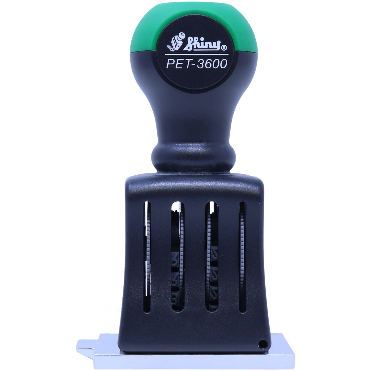 Shinny PET-3600 automatic numbering stamp with adjustable digits, black and green self-inking office tool on white background.
