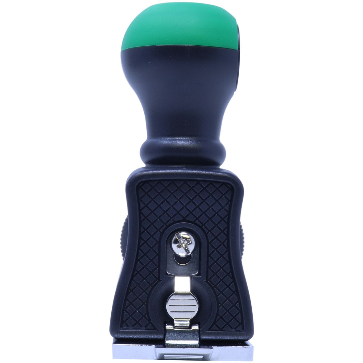 Self-inking rubber stamp with green handle and black base on white background
