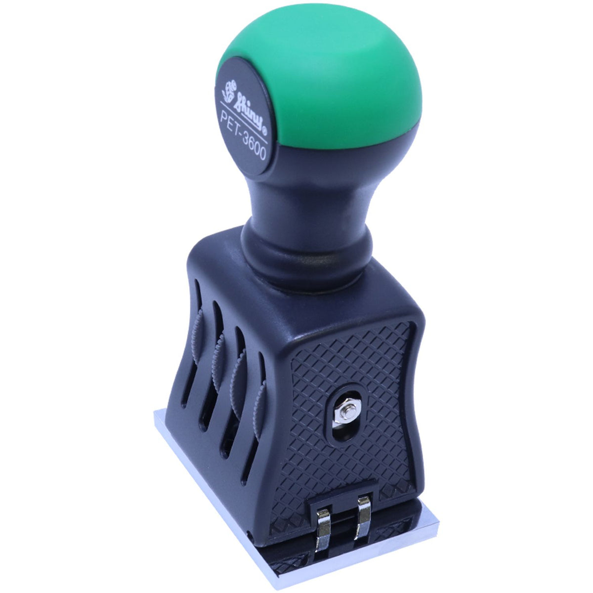 PET-3600 self-inking rubber stamp with ergonomic handle and green cap on white background