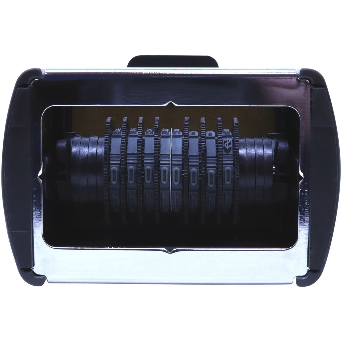 Close-up of a safe combination lock dial mechanism with engraved numbers and security setting indicators for changing the code