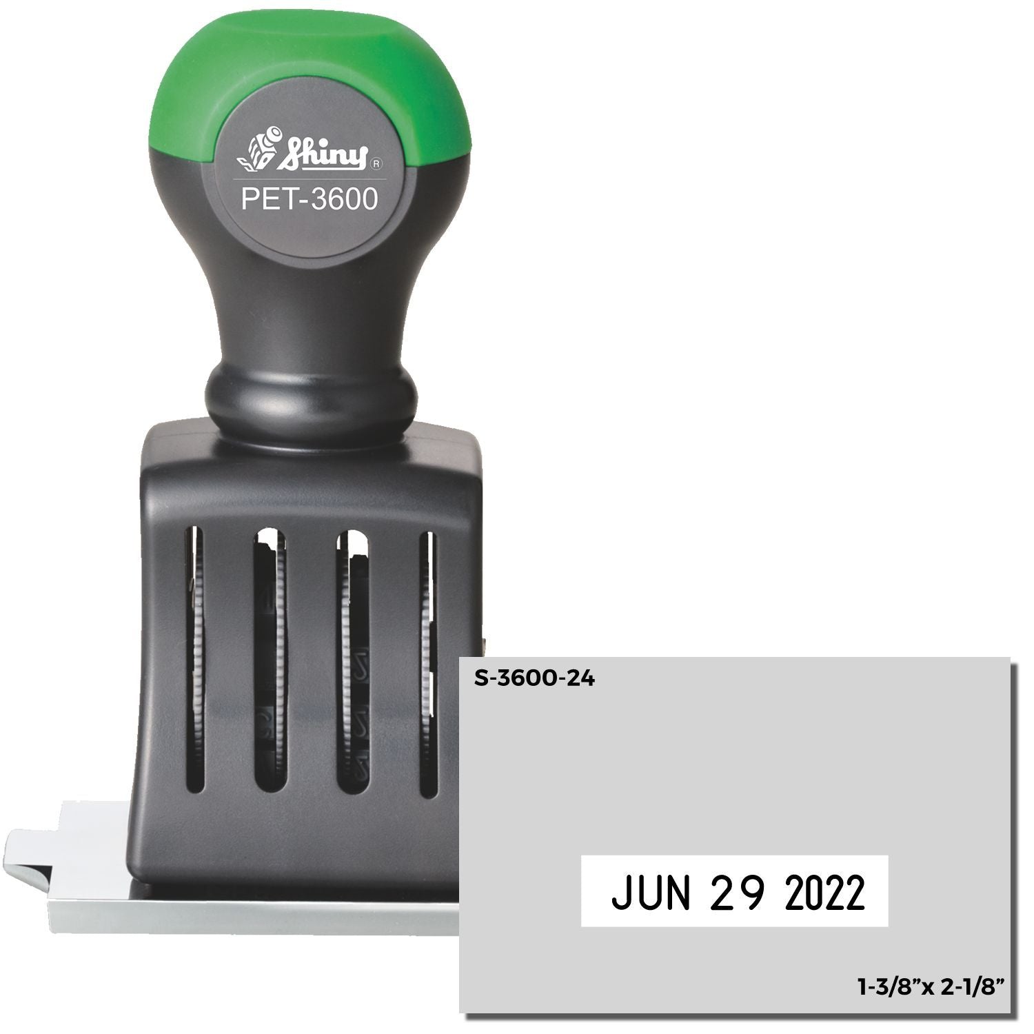 Shiny PET-3600 self-inking date stamp with June 29, 2022 imprint, 1-3/8 x 2-1/8 inch.