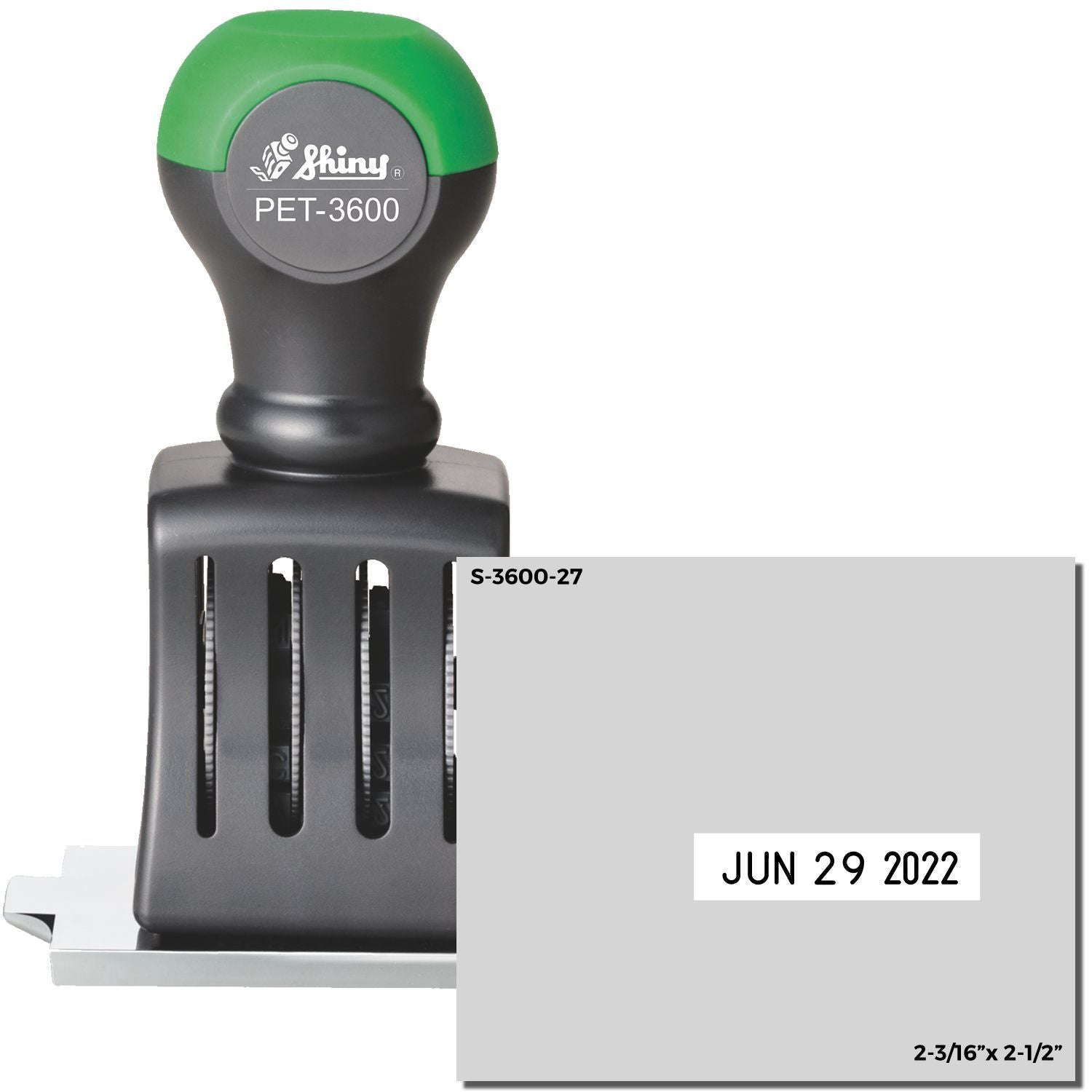 Shiny PET-3600 self-inking date stamp with green handle, showing JUN 29 2022 imprint and 2-3/16 x 2-1/2 inch size.
