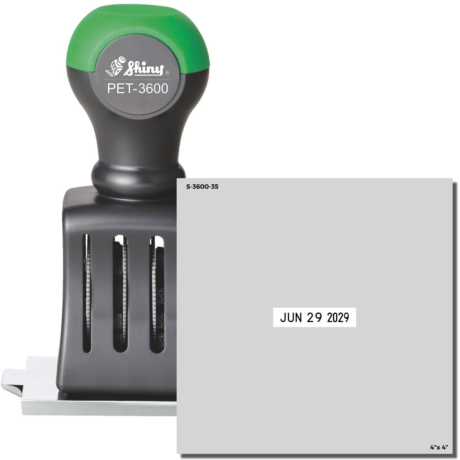 Shiny PET-3600 self-inking date stamp with 4x4 inch impression, black and green handle, showing June 29, 2029 date.