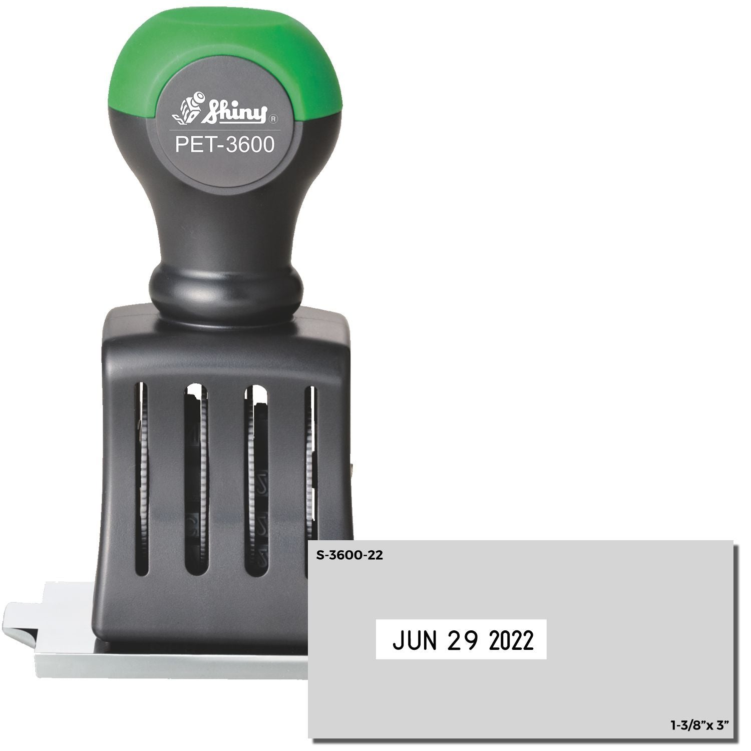 Shiny PET-3600 self-inking date stamp with June 29, 2022 impression, 1-3/8 x 3-inch size, and gray ink pad.