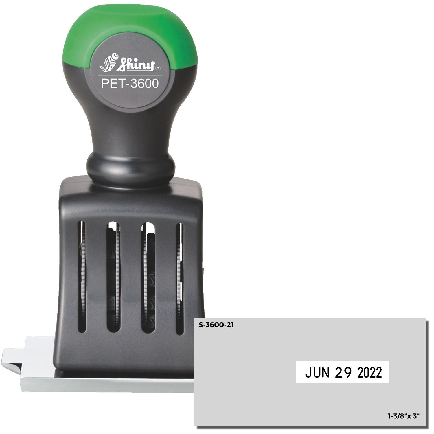 Shiny PET-3600 self-inking date stamp with June 29, 2022 imprint, 1-3/8 x 3 inch