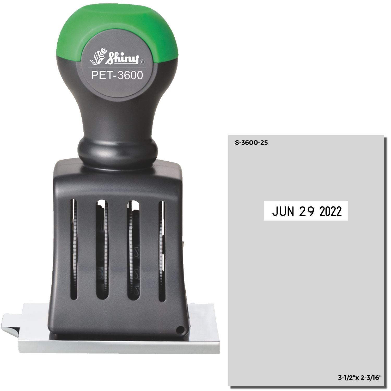 Shiny PET-3600 self-inking date stamp with green handle and date impression, 3-1/2 x 2-3/16 inch.