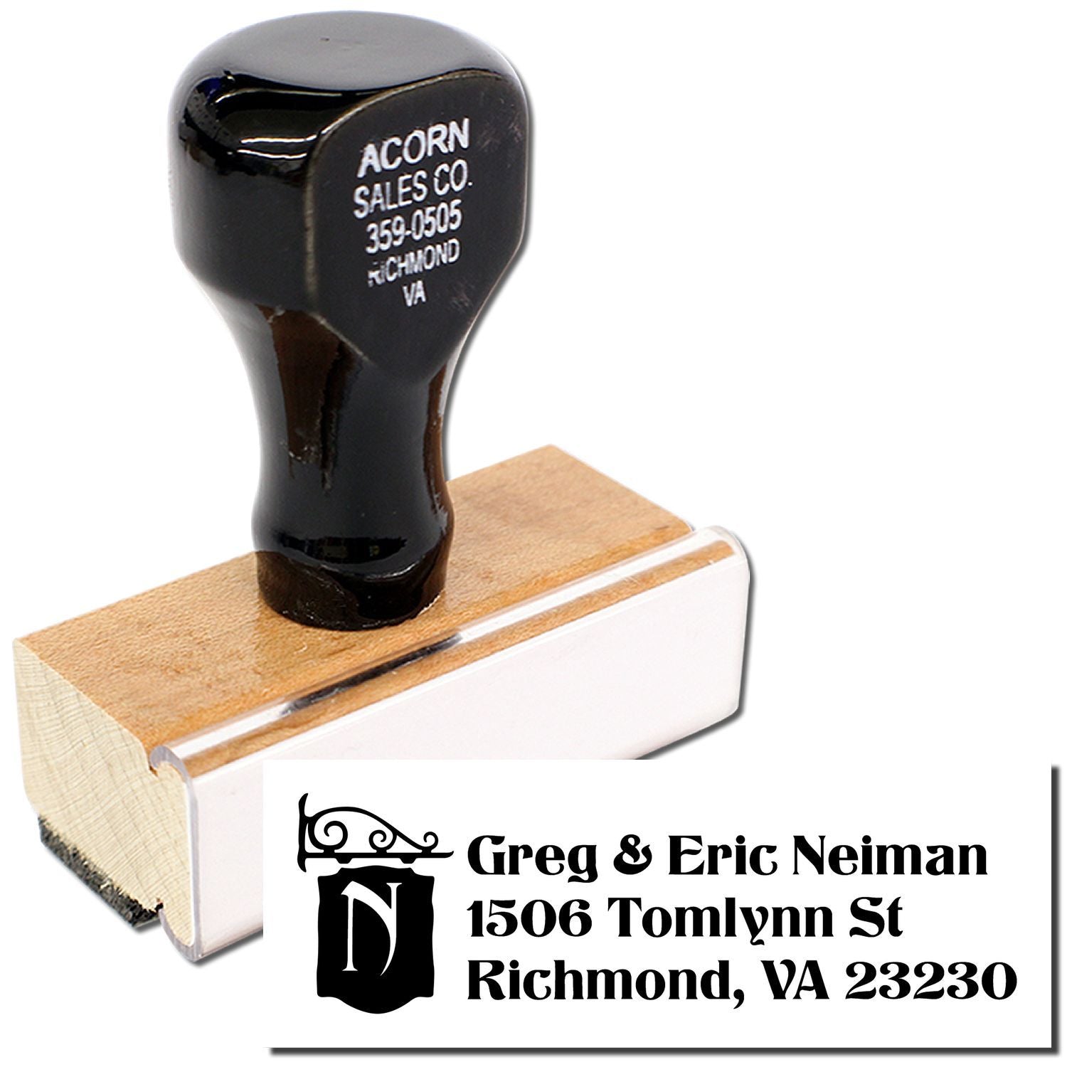Custom address rubber stamp with monogram and Richmond, VA return address for mailings
