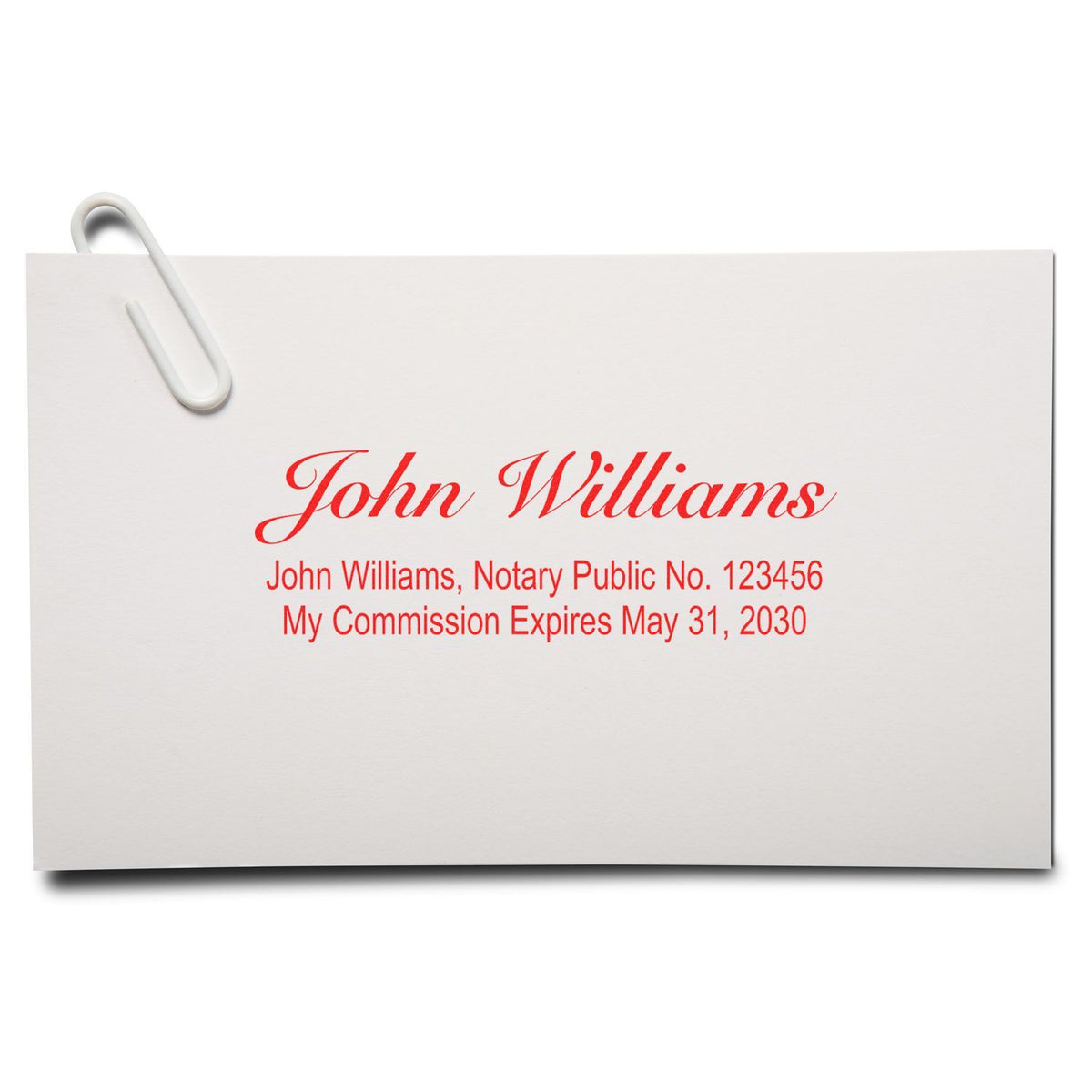 John Williams notary public card with red signature, license number, and commission expiration date.