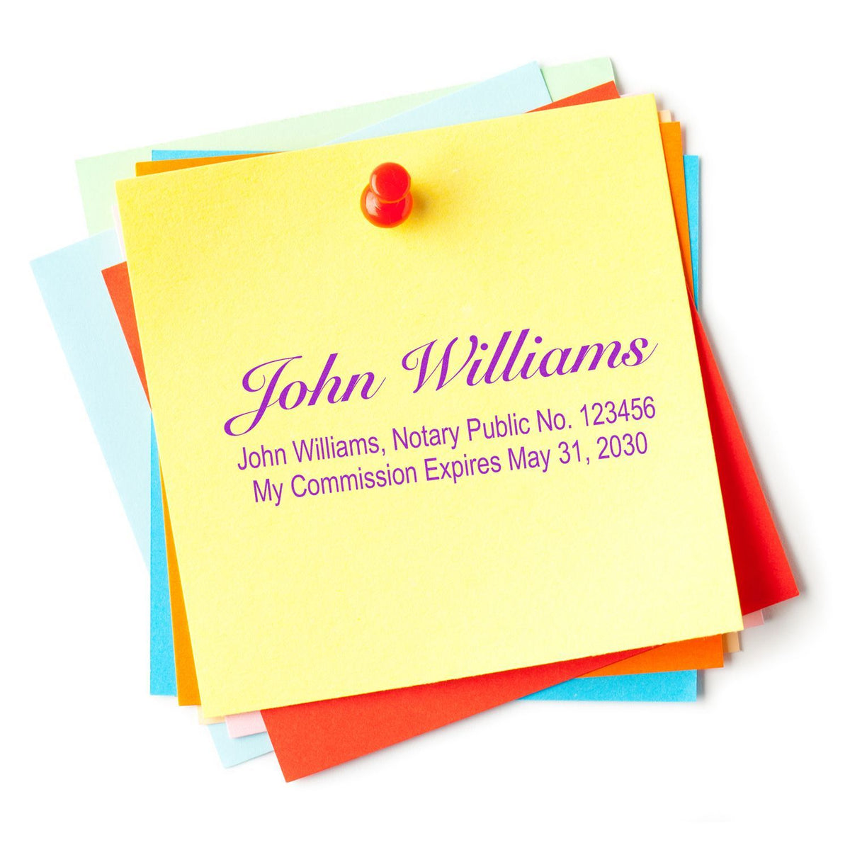 Colorful sticky notes pinned on white background with John Williams notary public contact card.