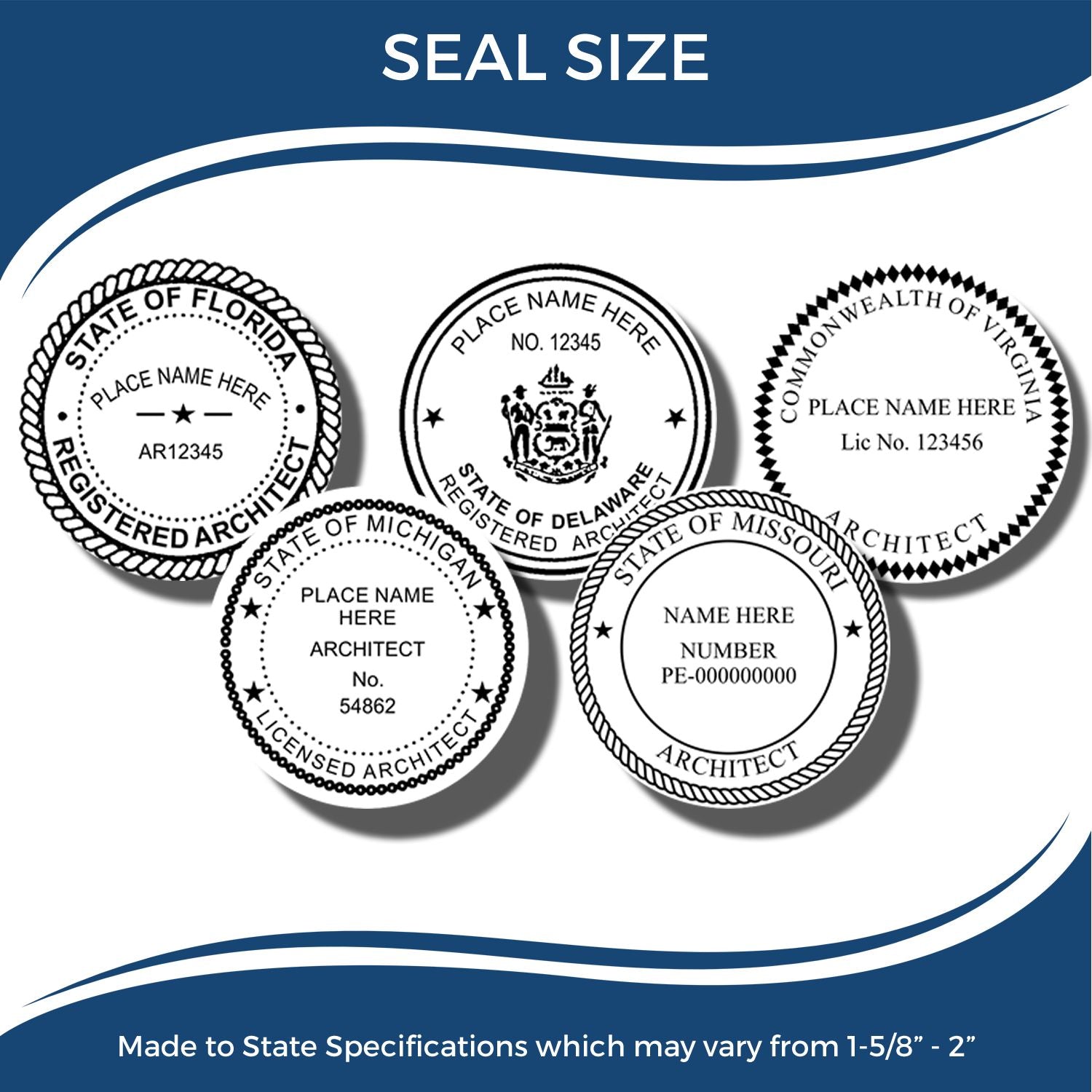 Seal size chart showing custom state architectural seals for Florida, Delaware, Virginia, Michigan, and Missouri, made to state specifications.