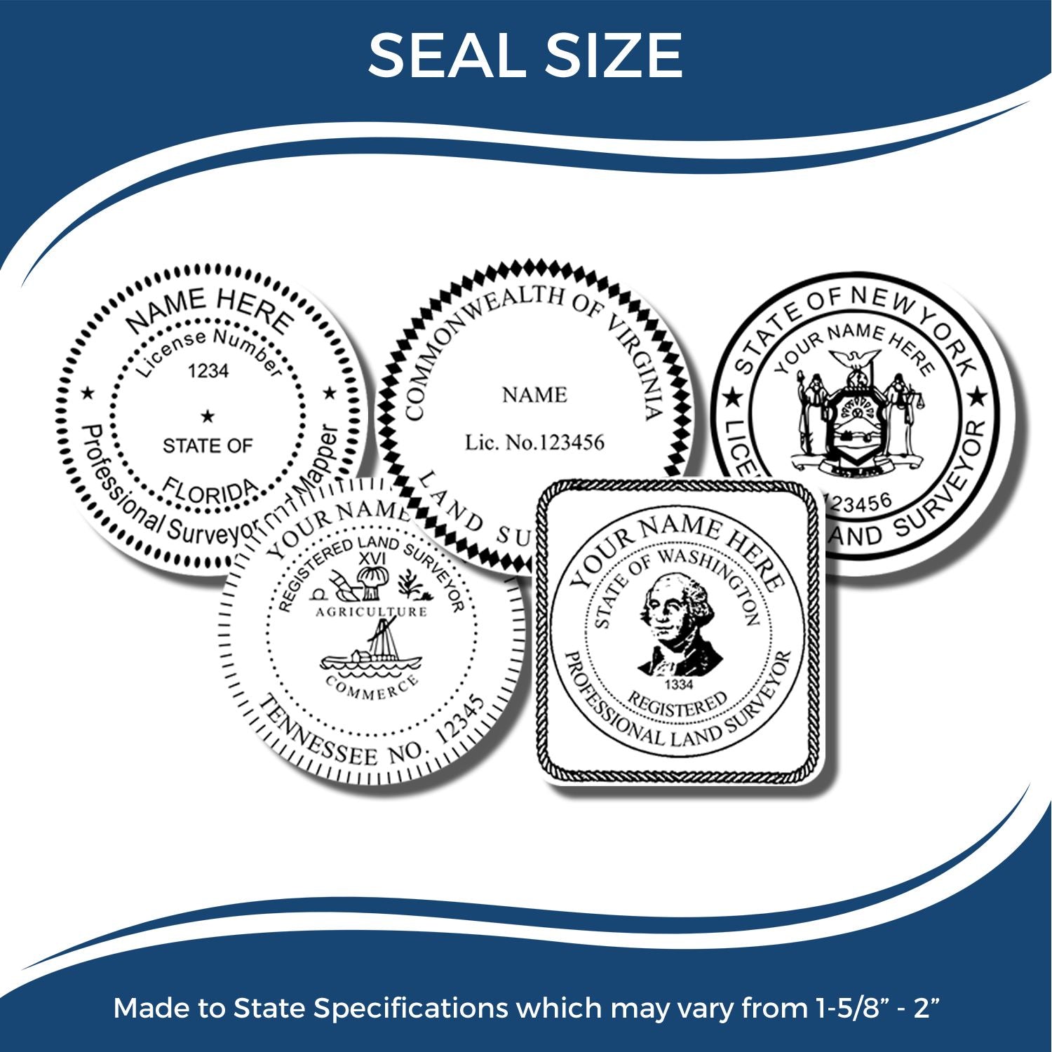 State-specific professional land surveyor seal size chart with customizable circular and rectangular seals for Florida, Virginia, New York, Tennessee, and Washington.