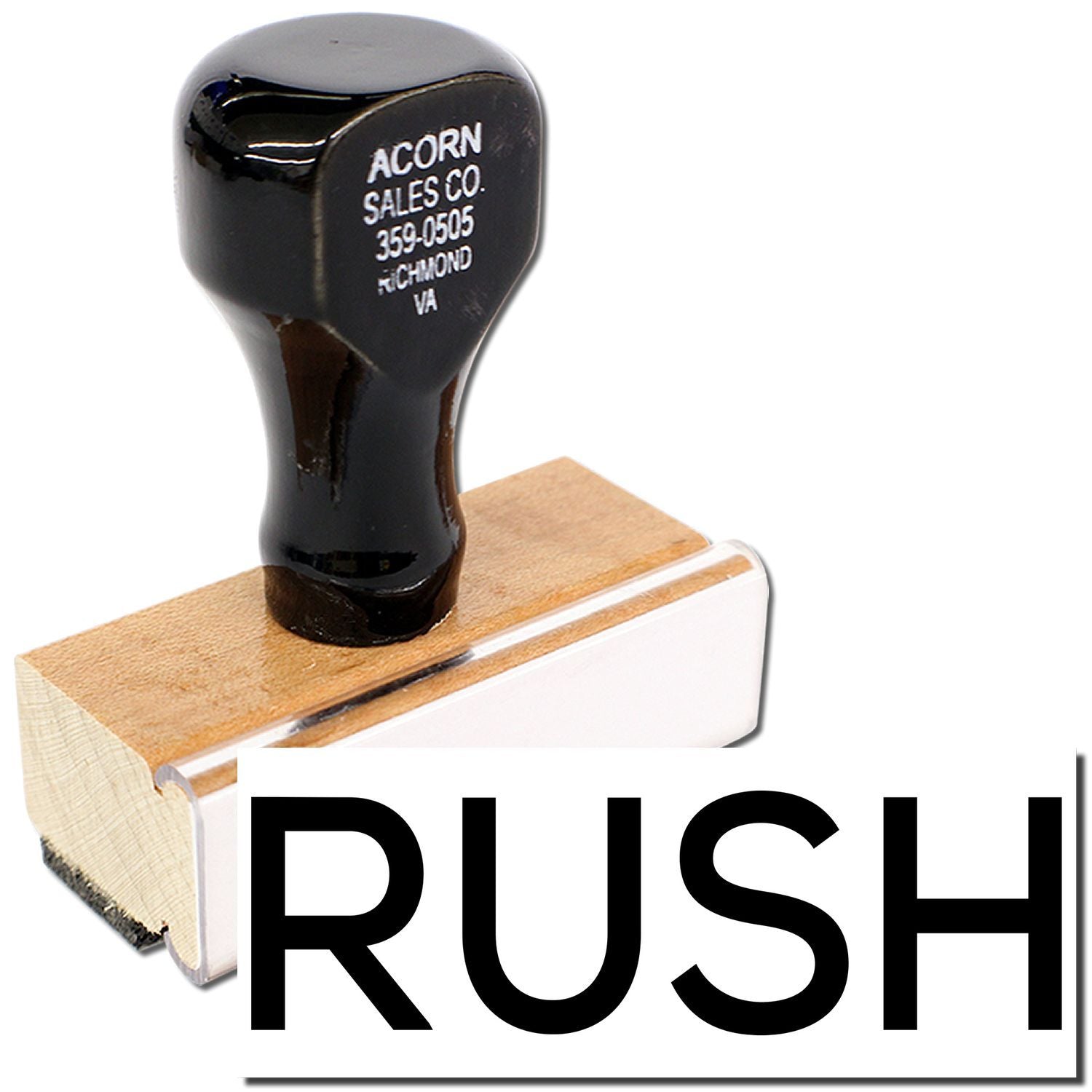 Custom RUSH rubber stamp with black handle on wooden base for office and business use