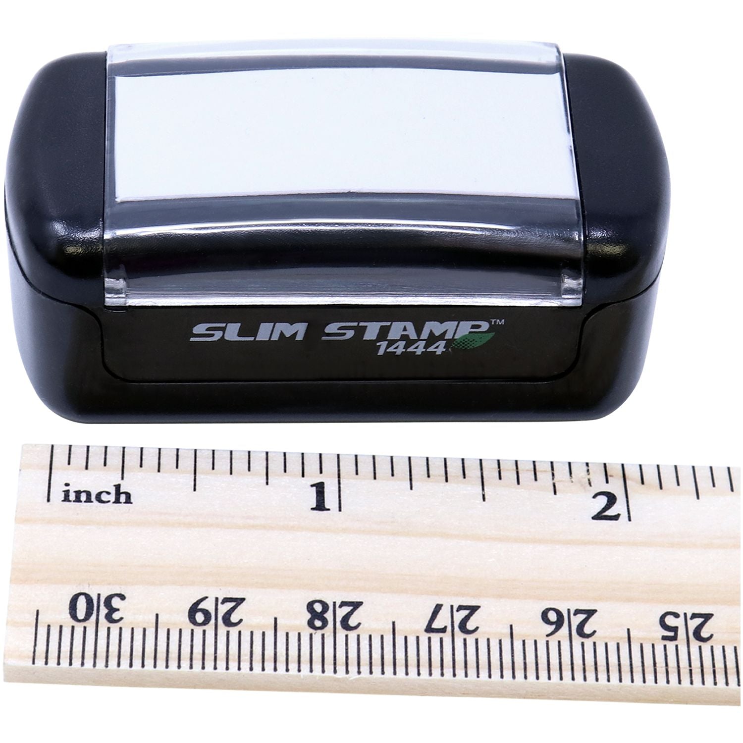 Slim Stamp 1444 compact black rubber stamp with ruler for size reference, office and craft supply accessory