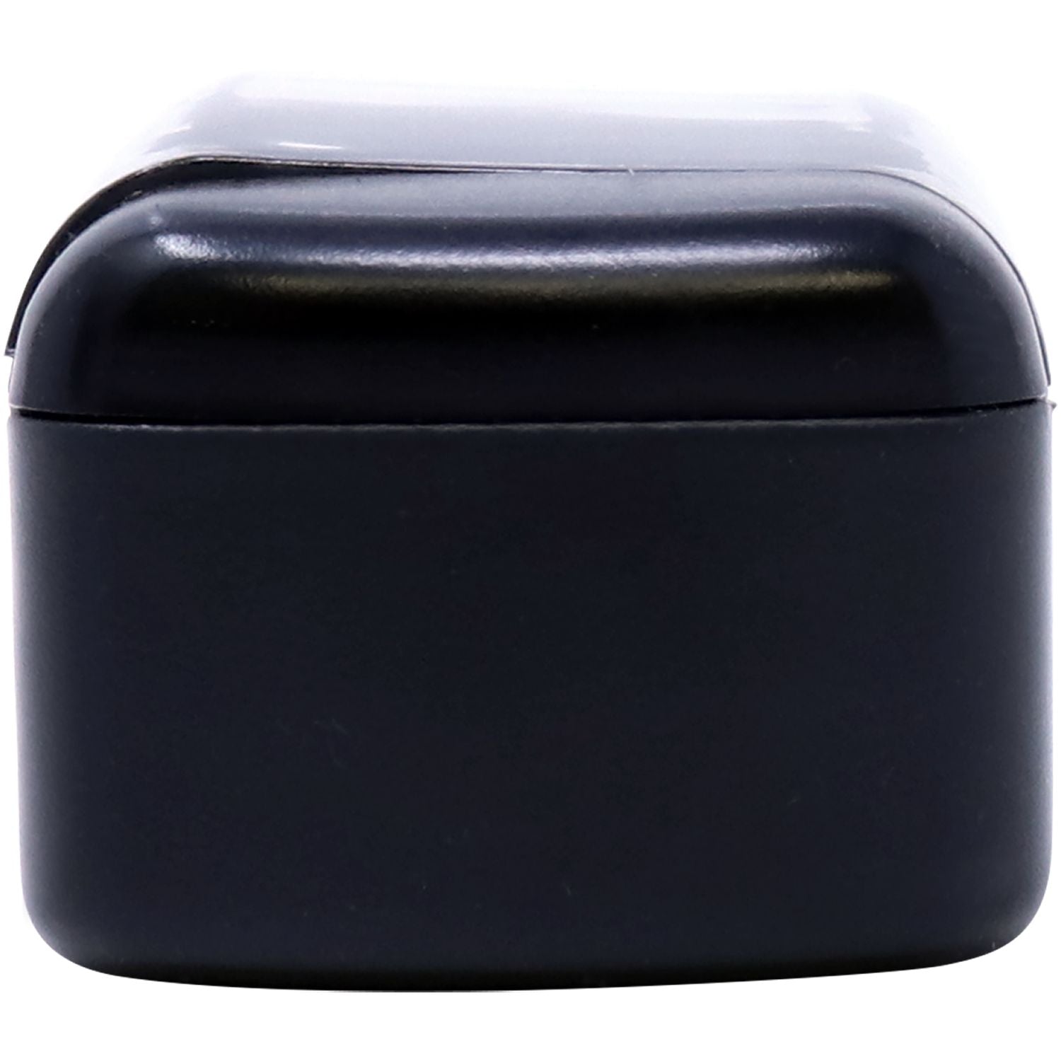 Black wireless earbuds charging case on a white background, compact matte portable accessory.