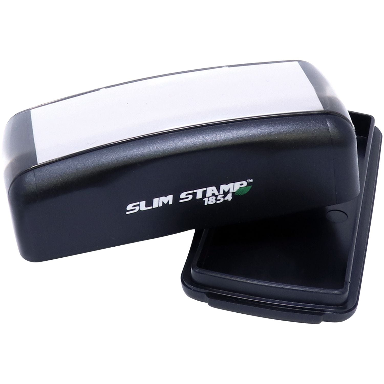 Slim Stamp 1854 handheld stamp for quick, clean printingblack ink stamp with logo, ready for document marking.