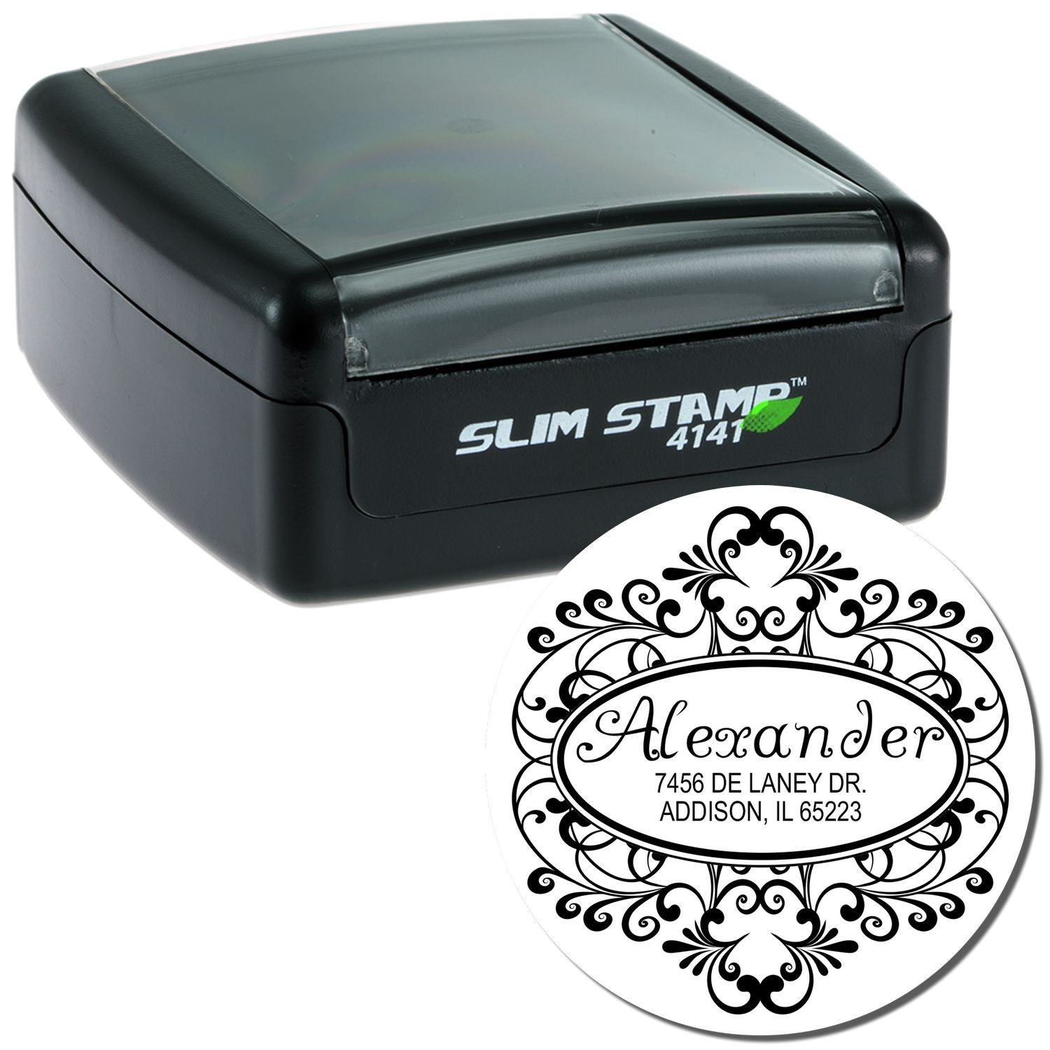 Custom self-inking address rubber stamp with ornate oval design, featuring the name Alexander and mailing address.
