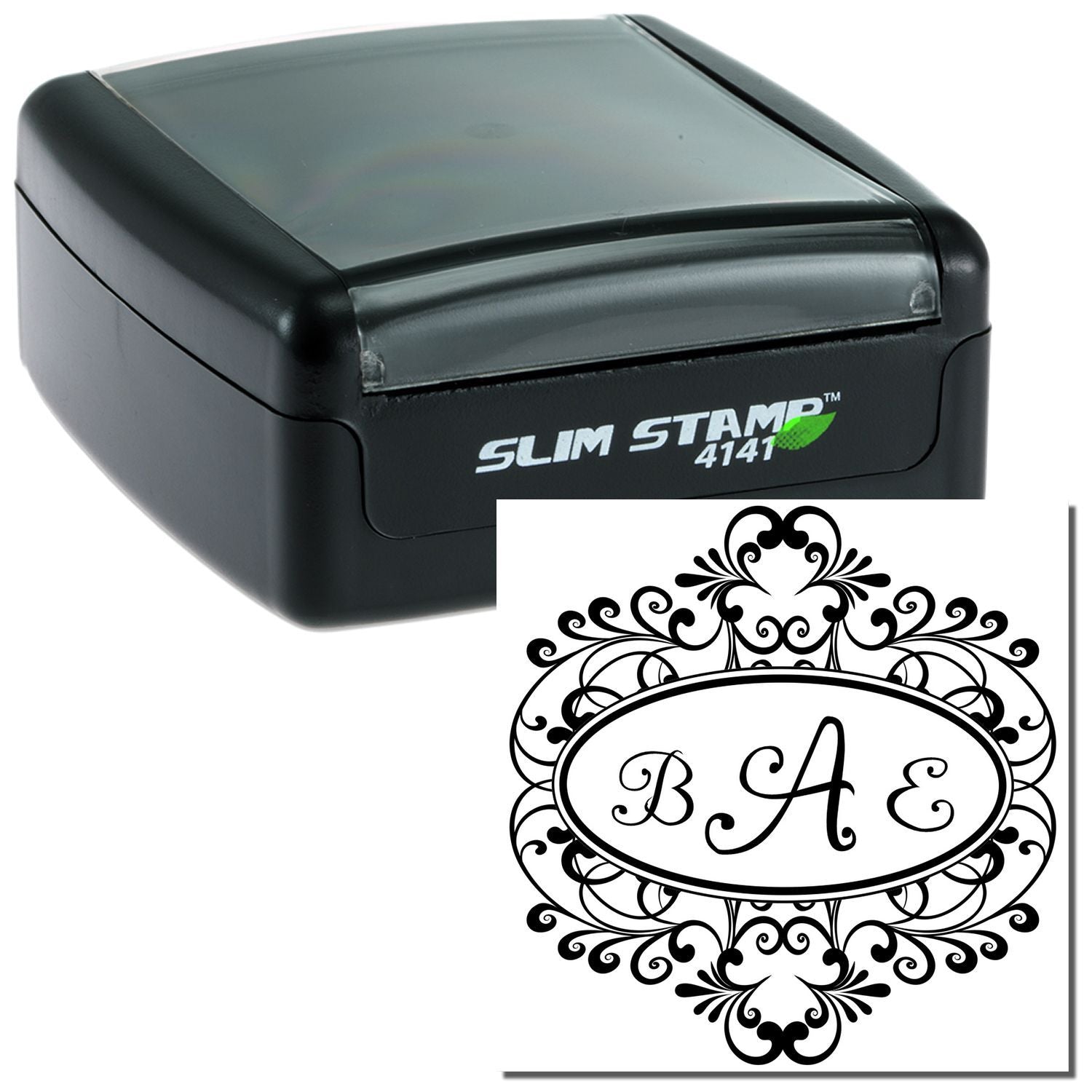 Personalized self-inking rubber stamp with ornate monogram design and Slim Stamp 4141 case