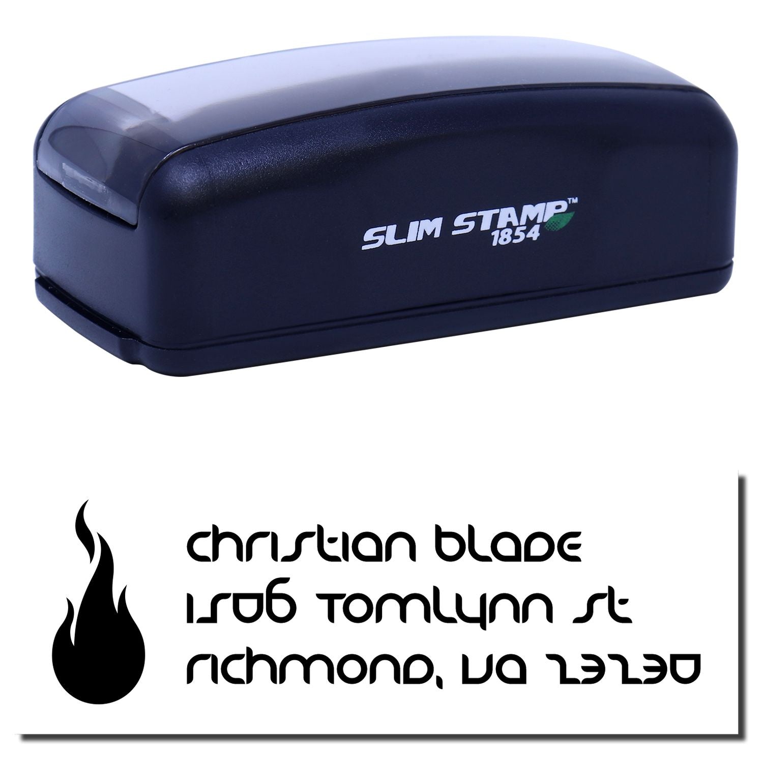 Slim Stamp 1854 self-inking custom return address rubber stamp with flame logo and Richmond, VA address.