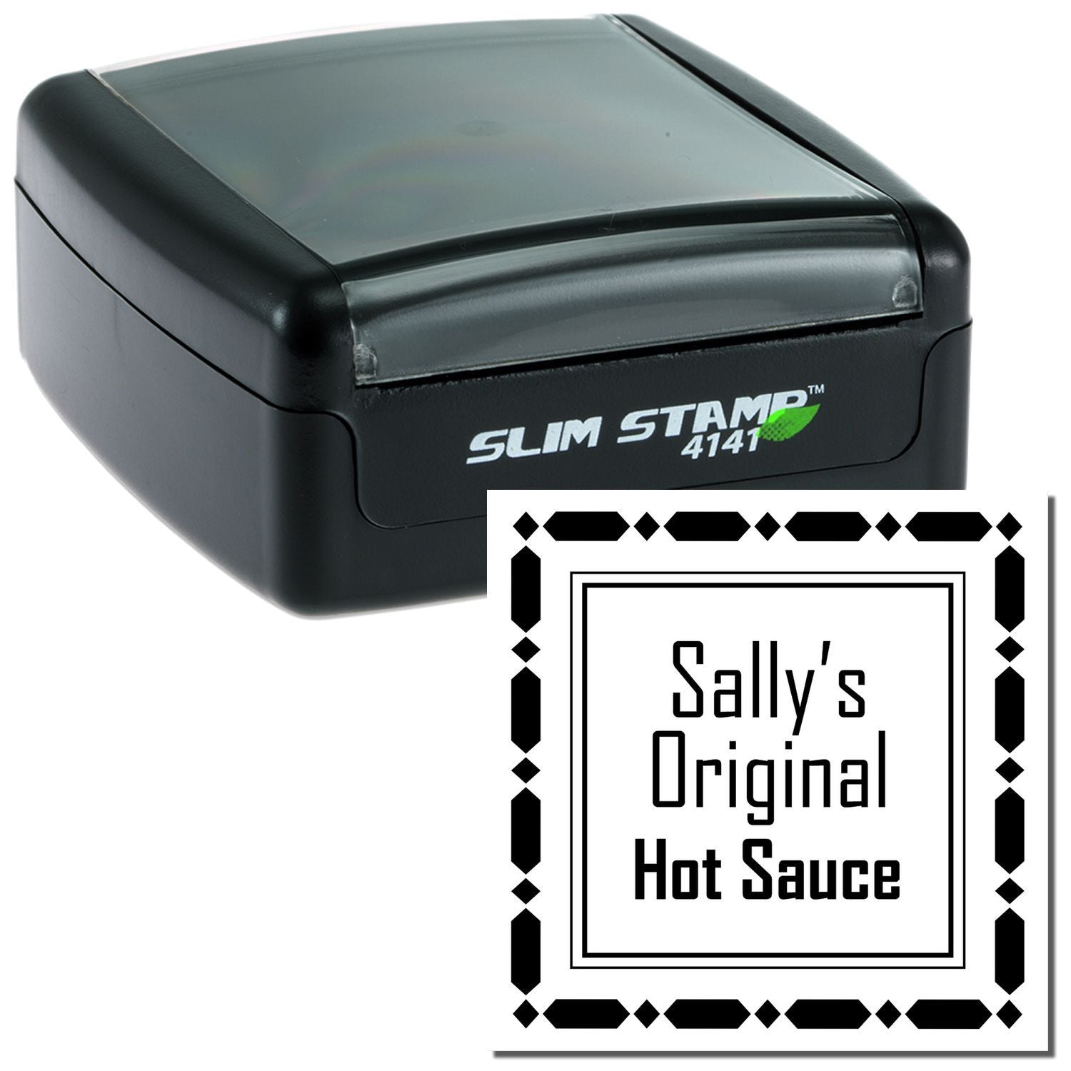 Custom self-inking rubber stamp with sample imprint reading Sallys Original Hot Sauce for product branding.
