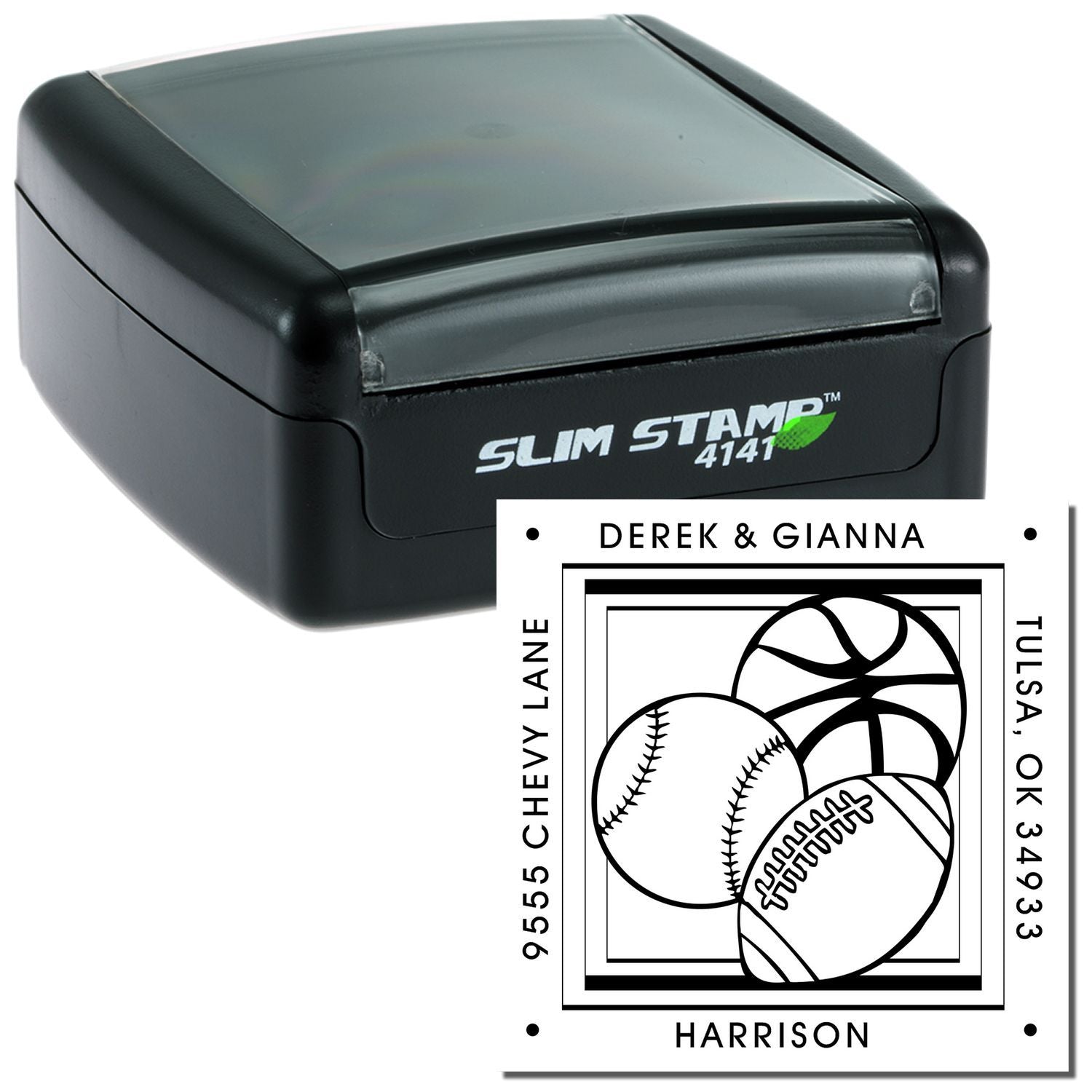 Slim Stamp self-inking custom sports address stamp with basketball, baseball and football design for personalized rubber stamping.