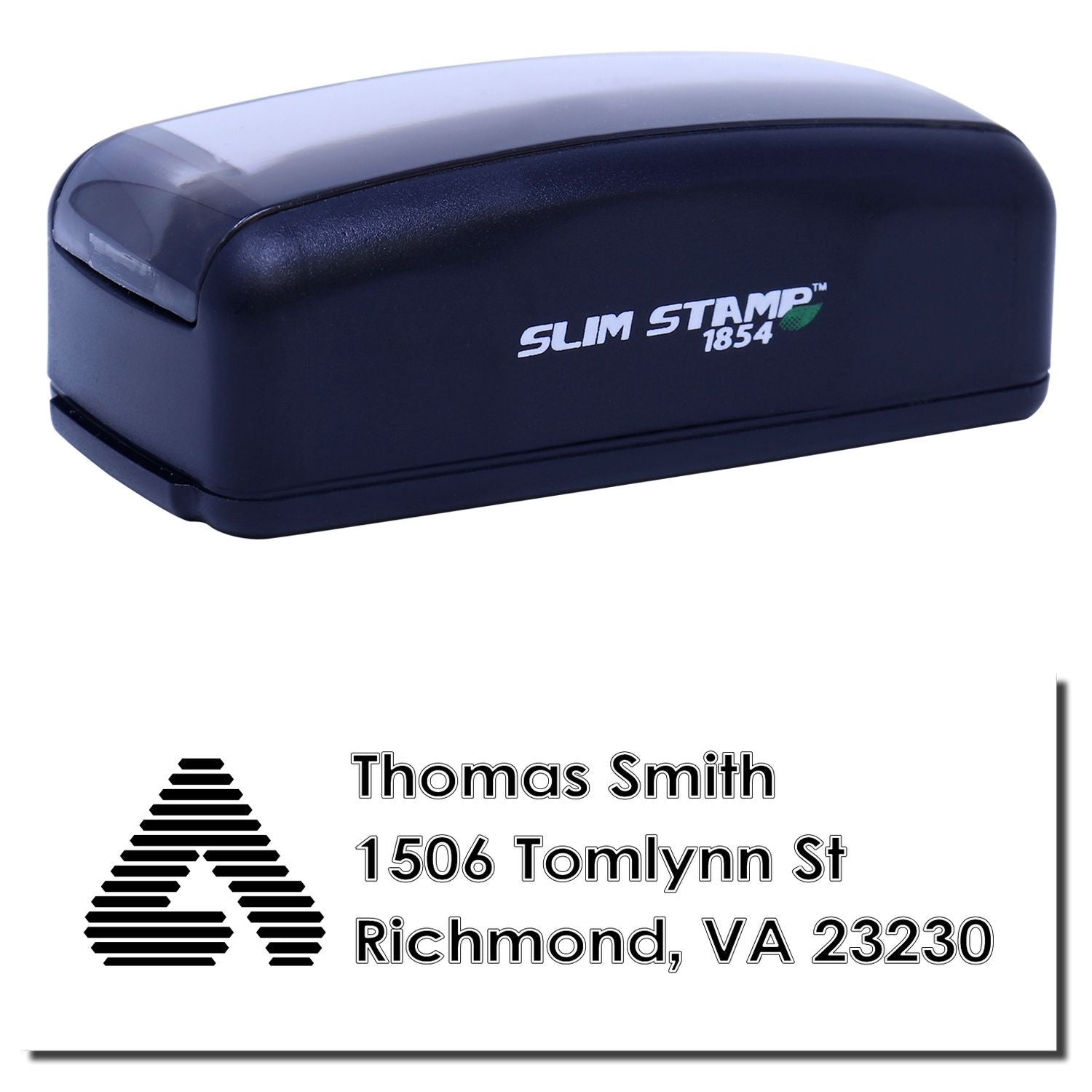 Custom self-inking rubber address stamp, Slim Stamp 1854, showing Thomas Smith, 1506 Tomlynn St, Richmond, VA 23230.