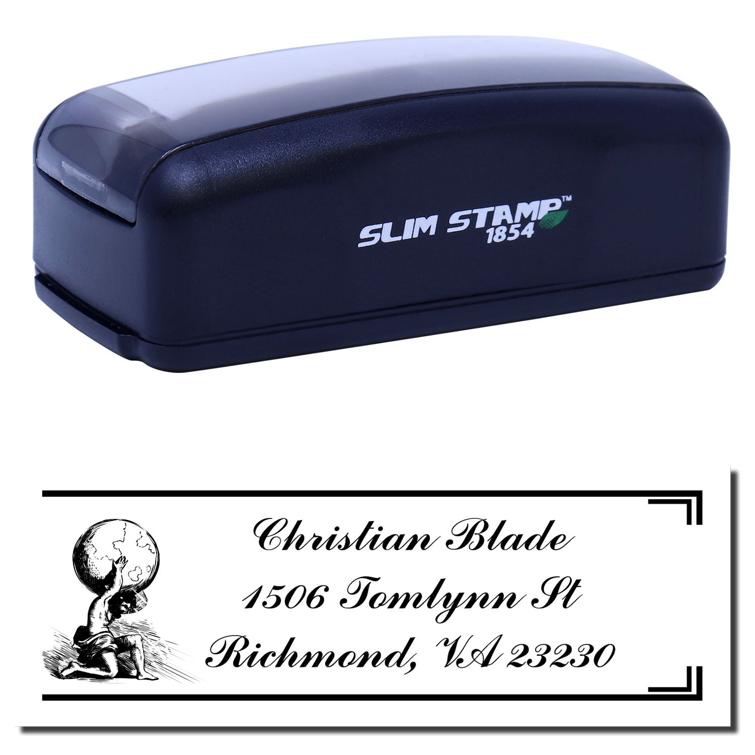 Slim Stamp 1854 self-inking custom address rubber stamp with Christian Blade return address and globe design sample imprint