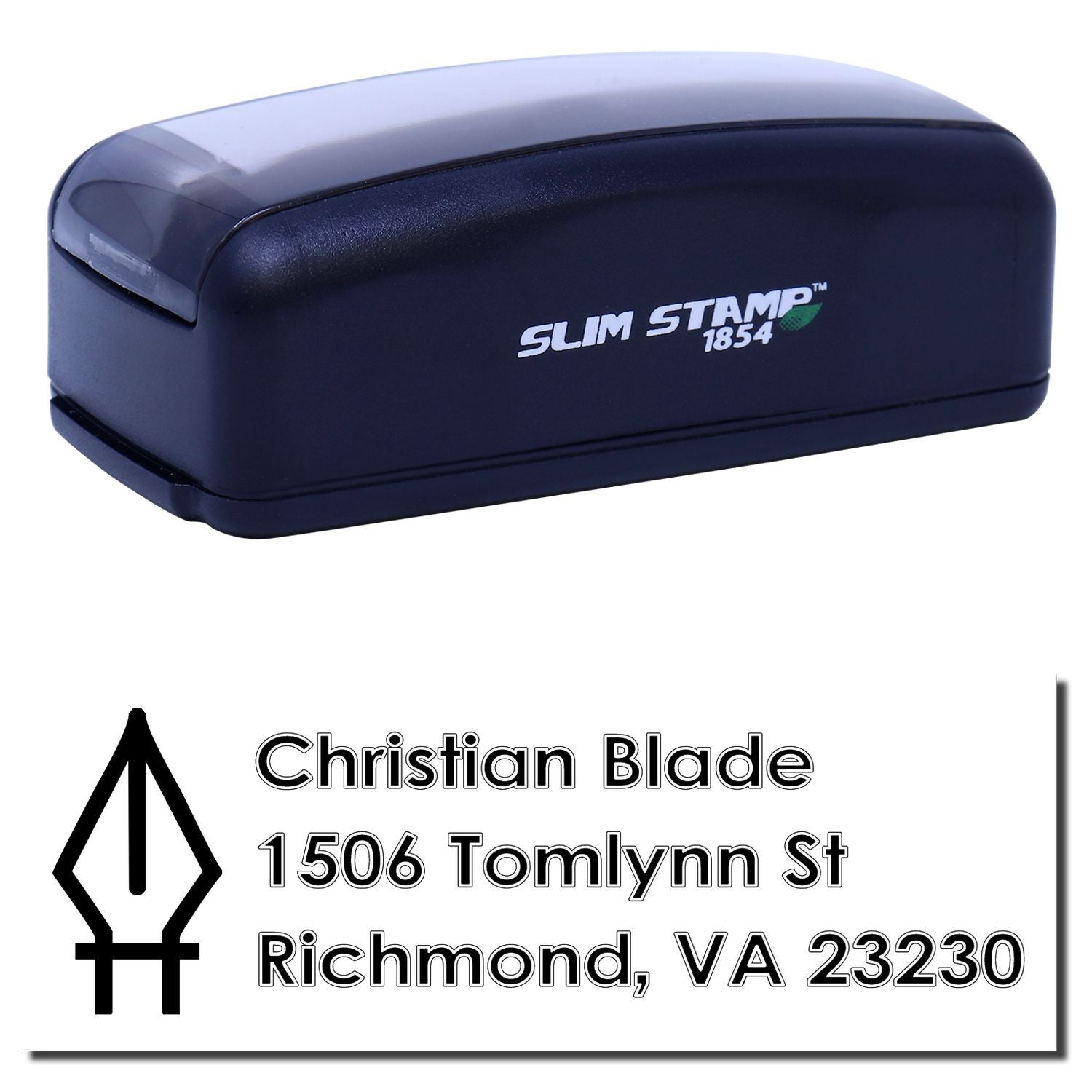 Slim Stamp 1854 custom return address rubber stamp for Christian Blade, Richmond VA, with church symbol.
