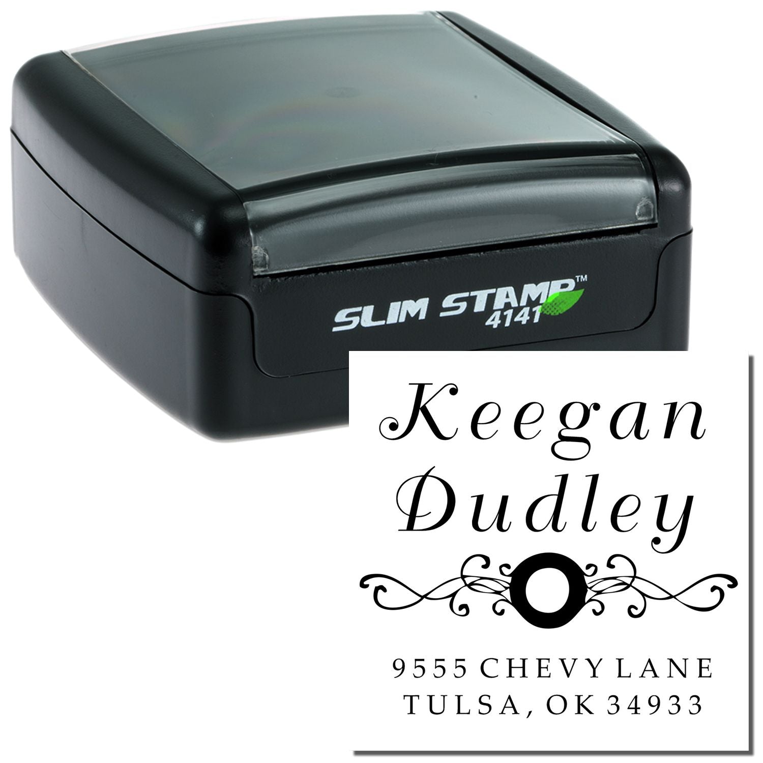 Custom Slim Stamp self-inking address rubber stamp with personalized name and address imprint.