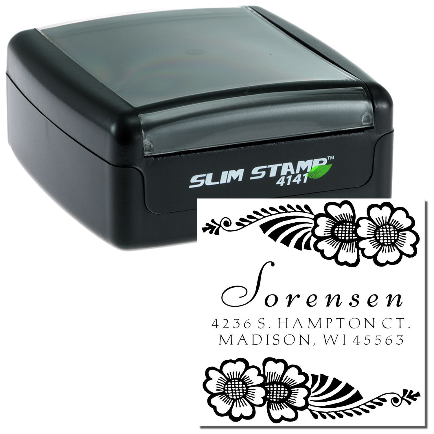Slim Stamp 4141 custom self-inking rubber address stamp with floral design for Sorensen, Madison, WI.