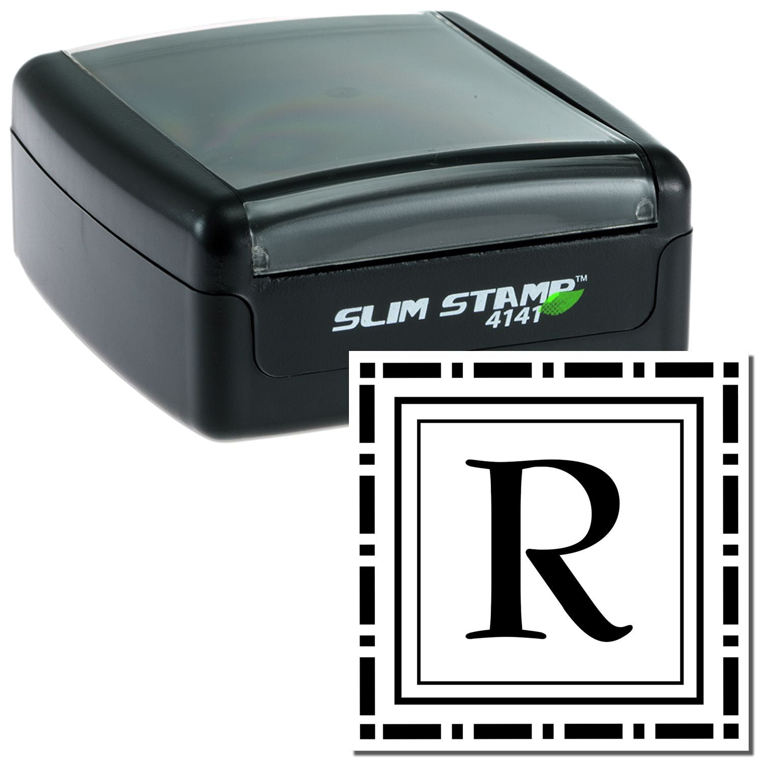 Personalized Slim Stamp 4141 self-inking rubber stamp with custom square initial R design