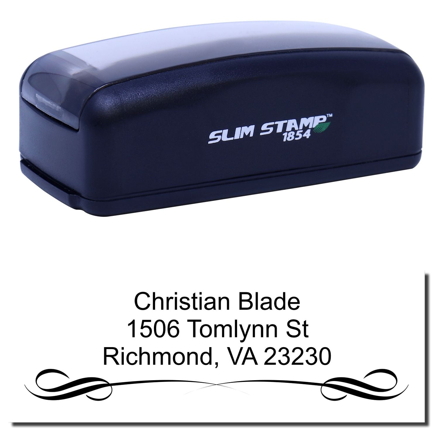 Custom self-inking Slim Stamp 1854 rubber address stamp with Christian Blade return address design.