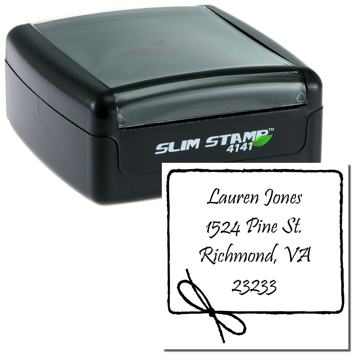 Custom self-inking rubber address stamp with name, street, city, and ZIP code for fast mailing labels.