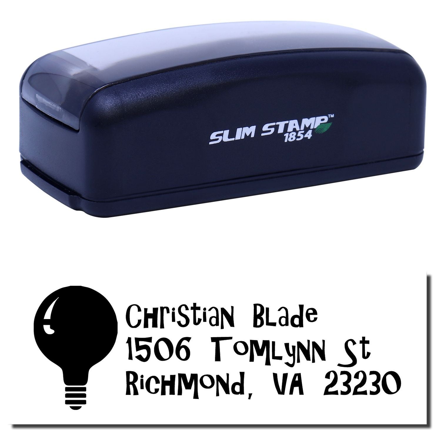 Custom self-inking rubber stamp with logo and address imprint for Christian Blade, Richmond, VA 23230