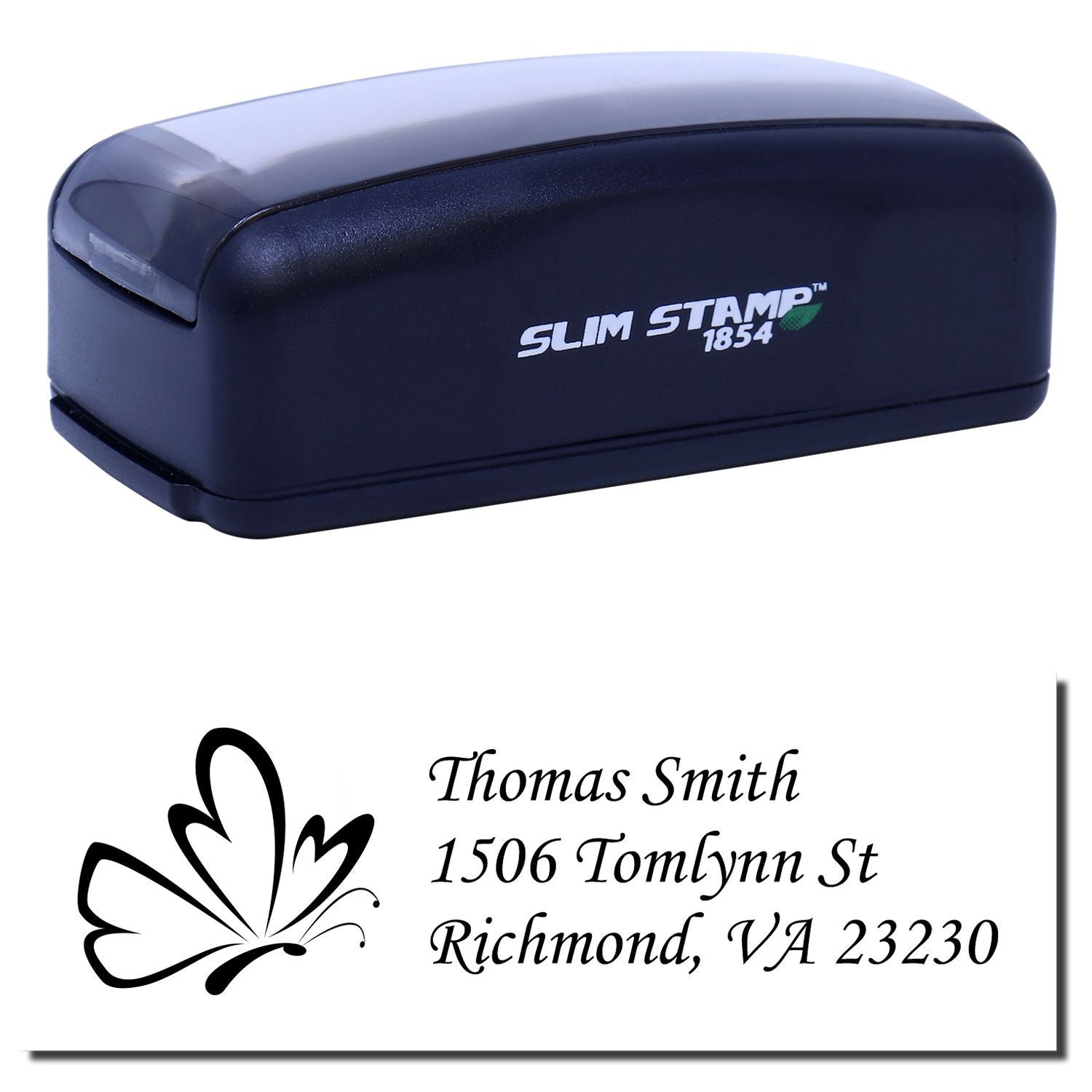 Slim Stamp 1854 self-inking custom address rubber stamp with butterfly design and personalized return address imprint.