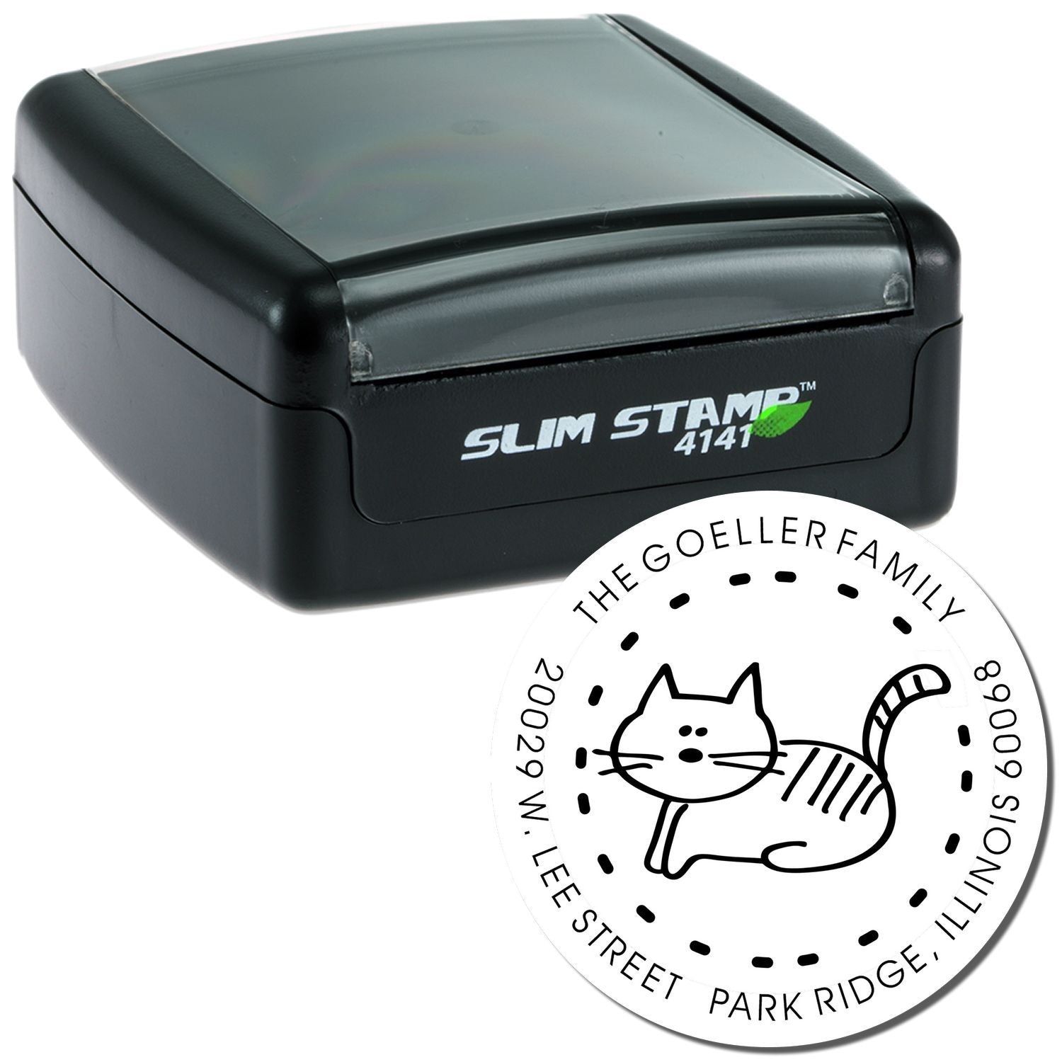 Slim Stamp 4141 self-inking custom rubber stamp with personalized round cat address design for mailing labels.