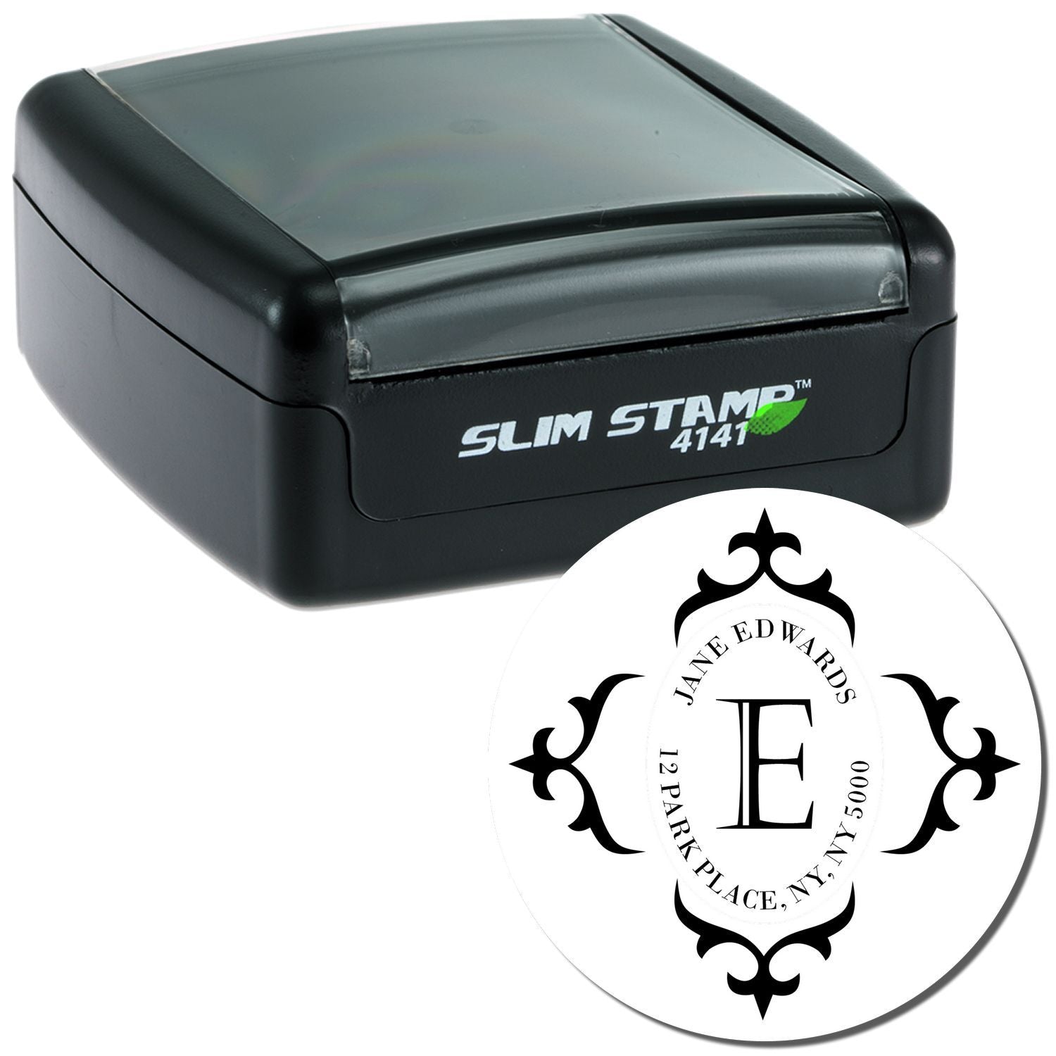 Custom self-inking rubber address stamp with monogram design for personalized mailing, branding, and stationery.