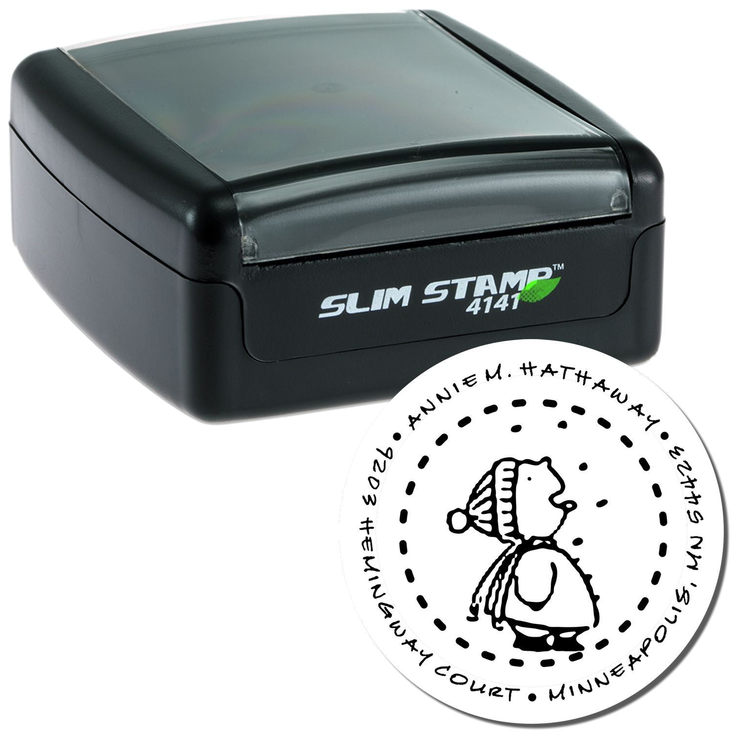 Slim Stamp 4141 self-inking rubber stamp with custom circular return address design for business mailings and branding
