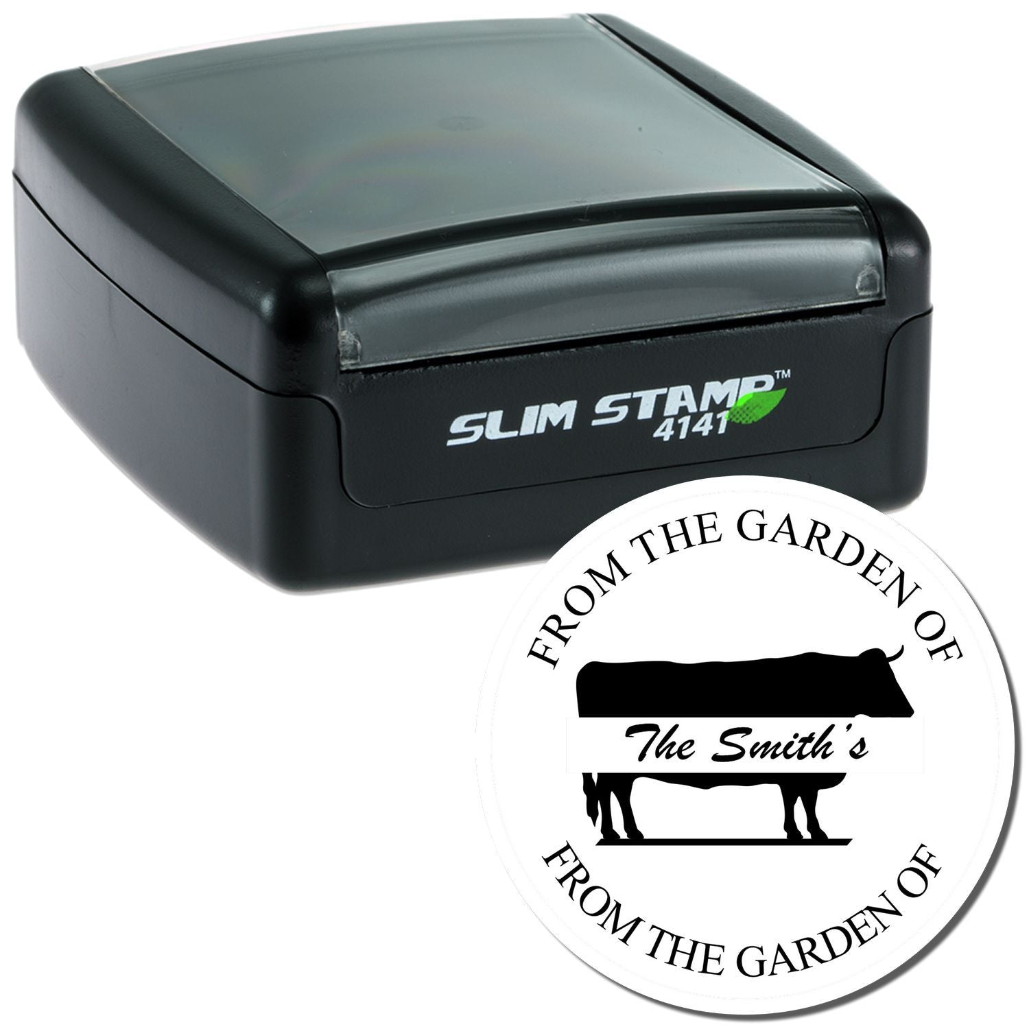 Custom self-inking Slim Stamp 4141 rubber stamp with personalized farm return address and cattle silhouette.