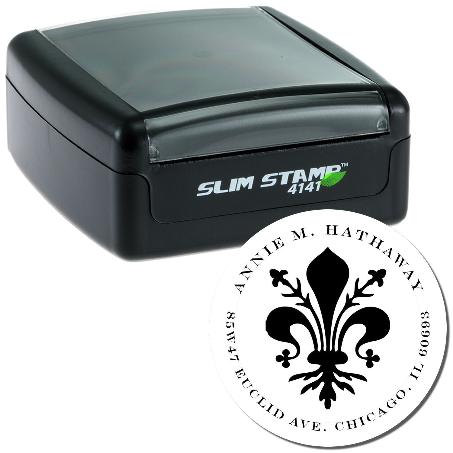 Slim Stamp 4141 self-inking rubber stamp with custom round return address design and fleur-de-lis monogram.
