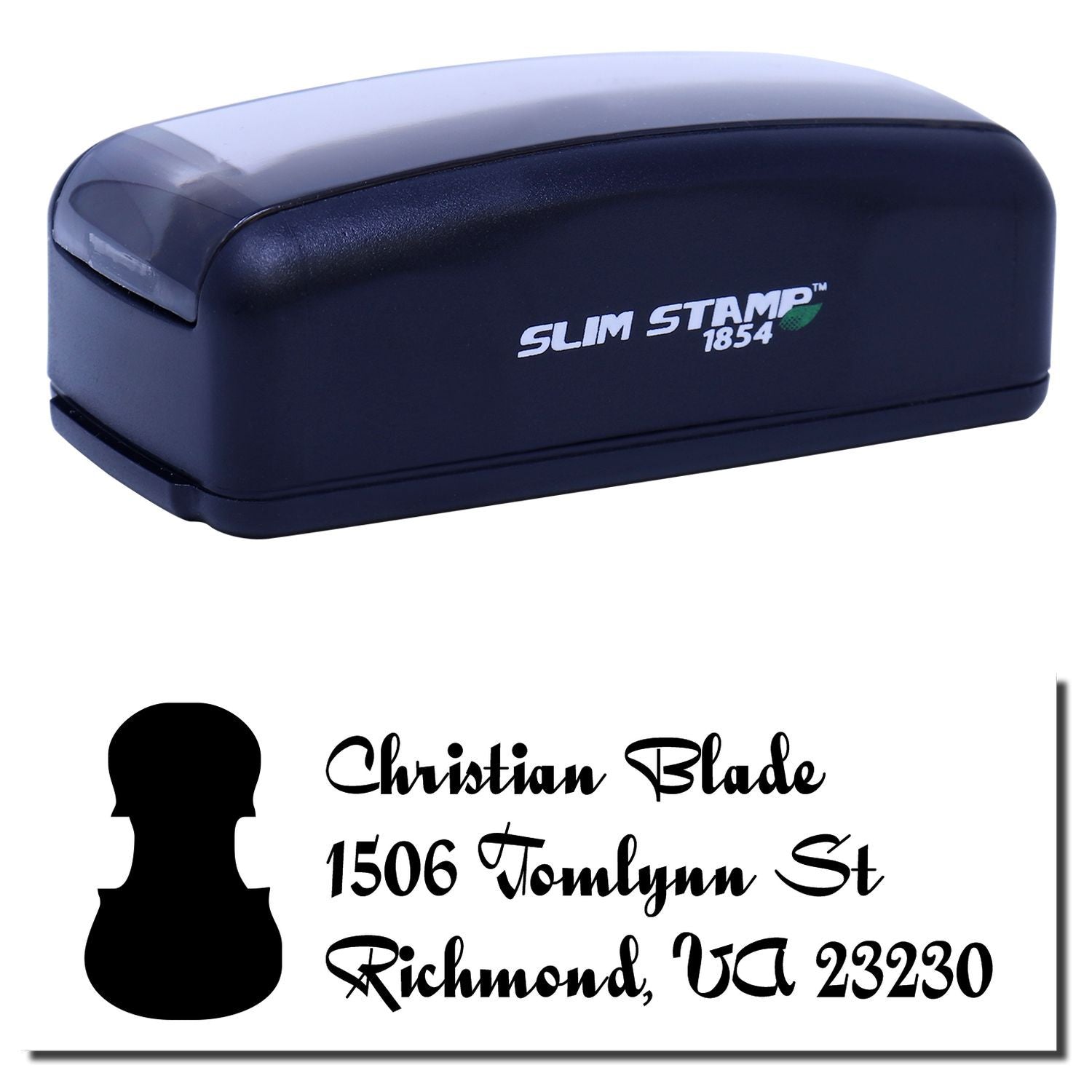Custom self-inking address rubber stamp, Slim Stamp 1854, with sample name-and-mailing imprint for business correspondence.