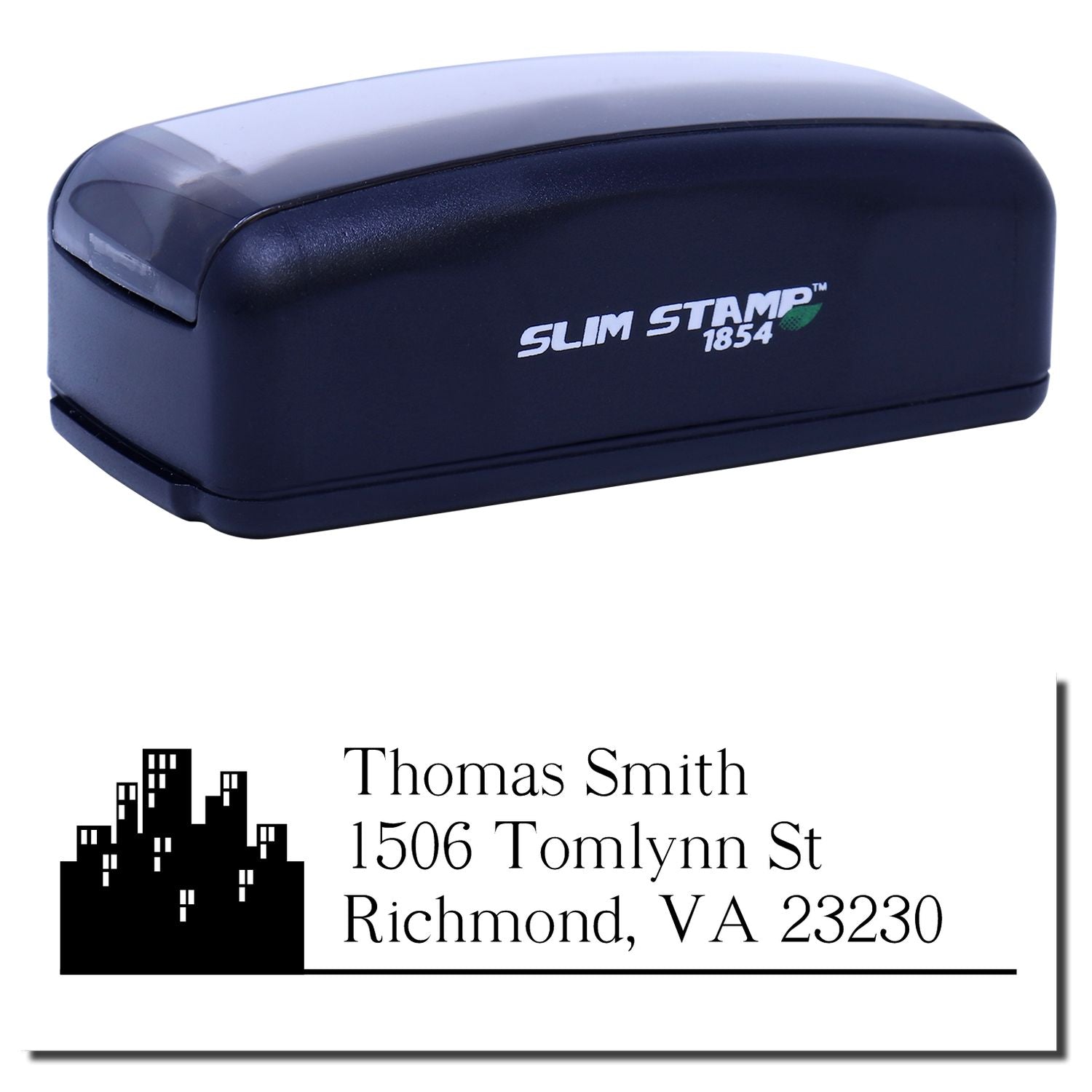 Slim Stamp 1854 custom address rubber stamp with Thomas Smith name and Richmond, VA address impression.